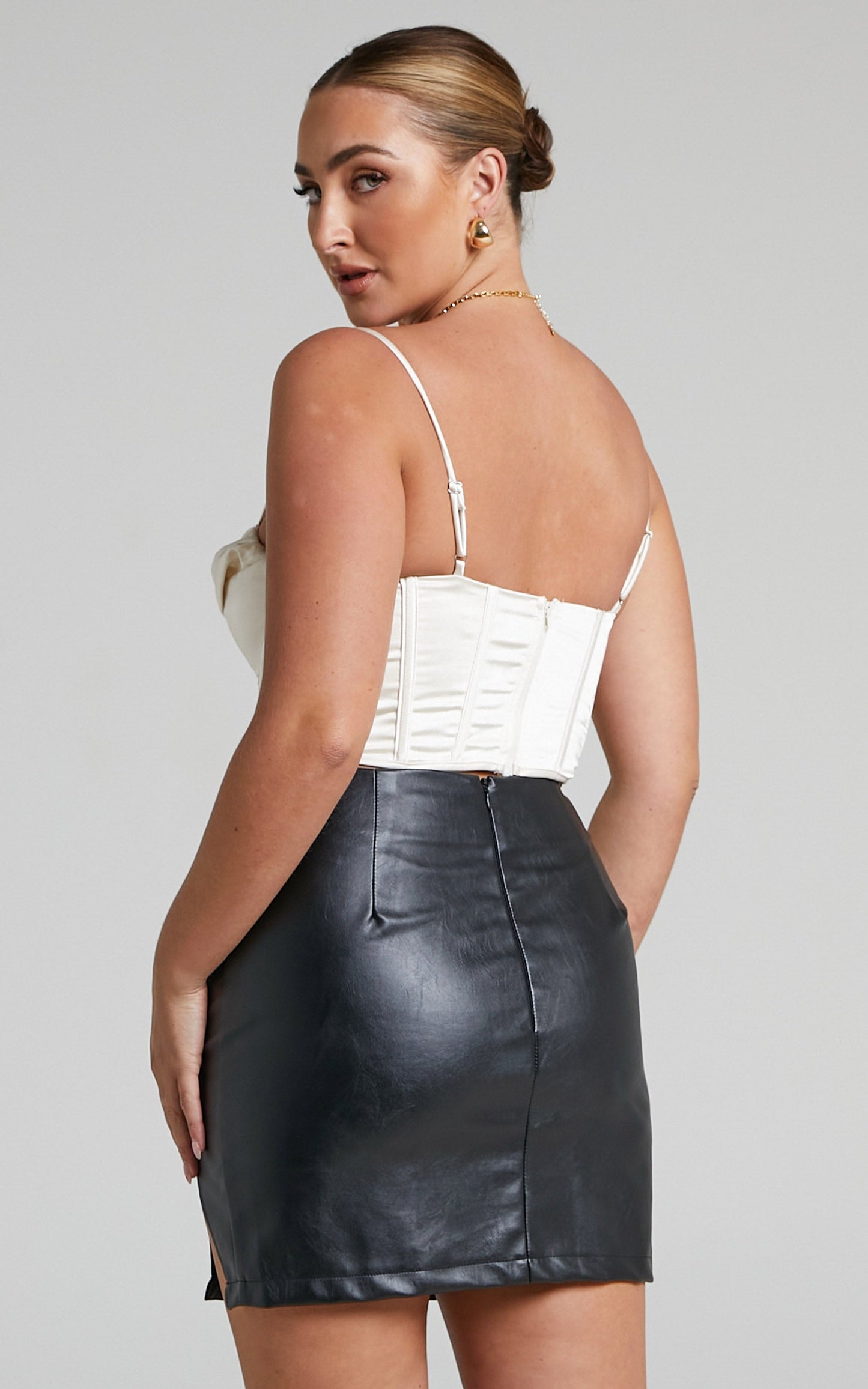Aliziah Cowl Satin Basque Corset Crop Top in White Satin