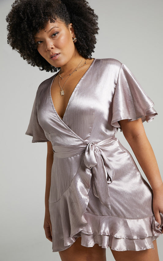 All I Want To Be Mini Dress - Ruffle Wrap Dress in Silver Satin