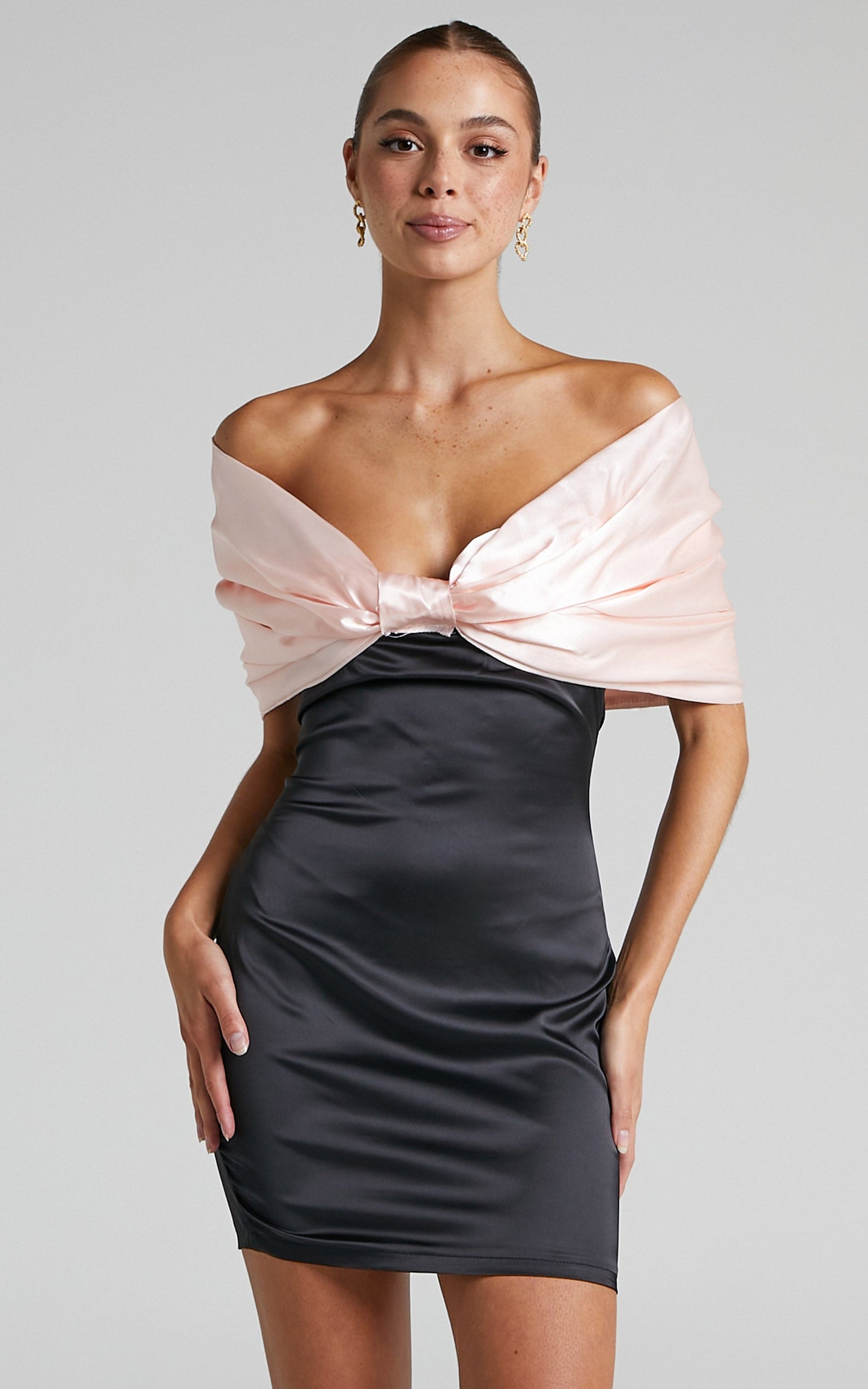 Verlyn Off Shoulder Statement Bow Satin Mini Dress in Black/Pink