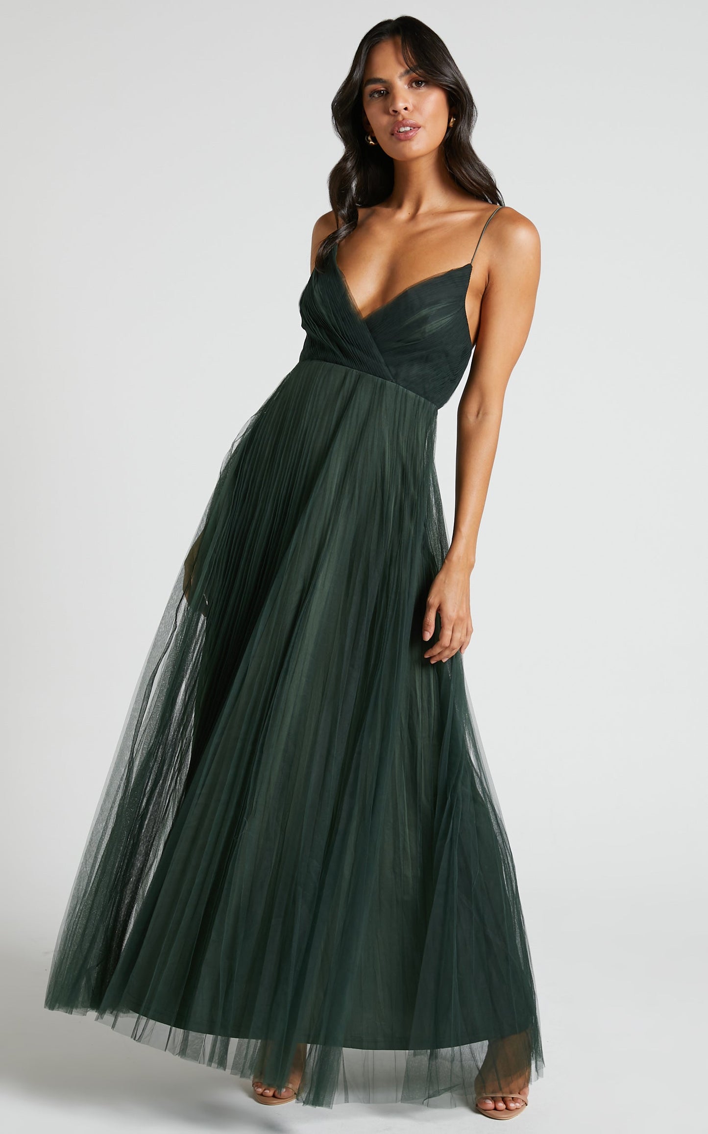 Allany Maxi Dress - Faux Wrap Bodice Pleated Tulle Dress in Emerald