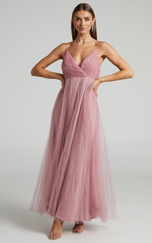 Allany Maxi Dress - Faux Wrap Bodice Pleated Tulle Dress in Dusty Pink