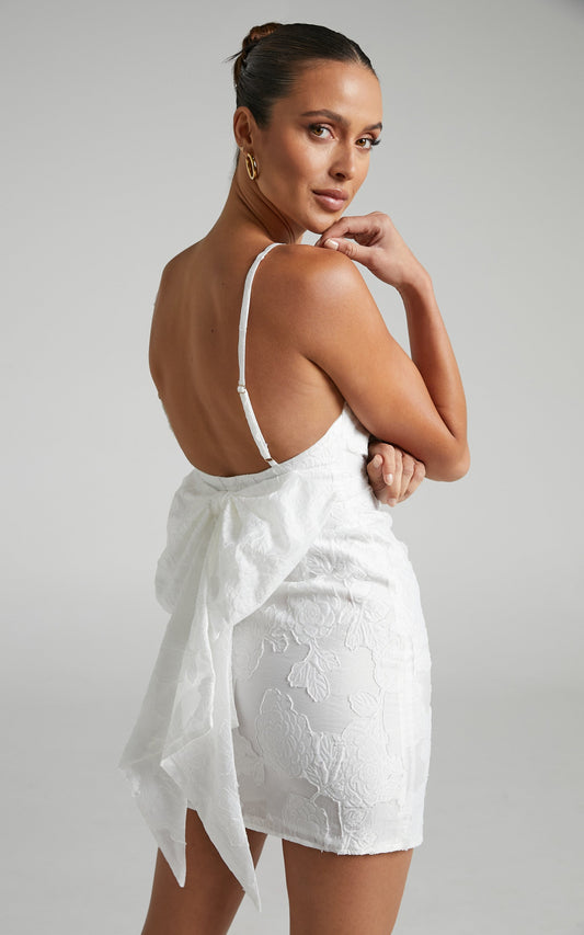 Allea Mini Dress - Jacquard V Neck Wrap Bodice Bow Back Dress in White