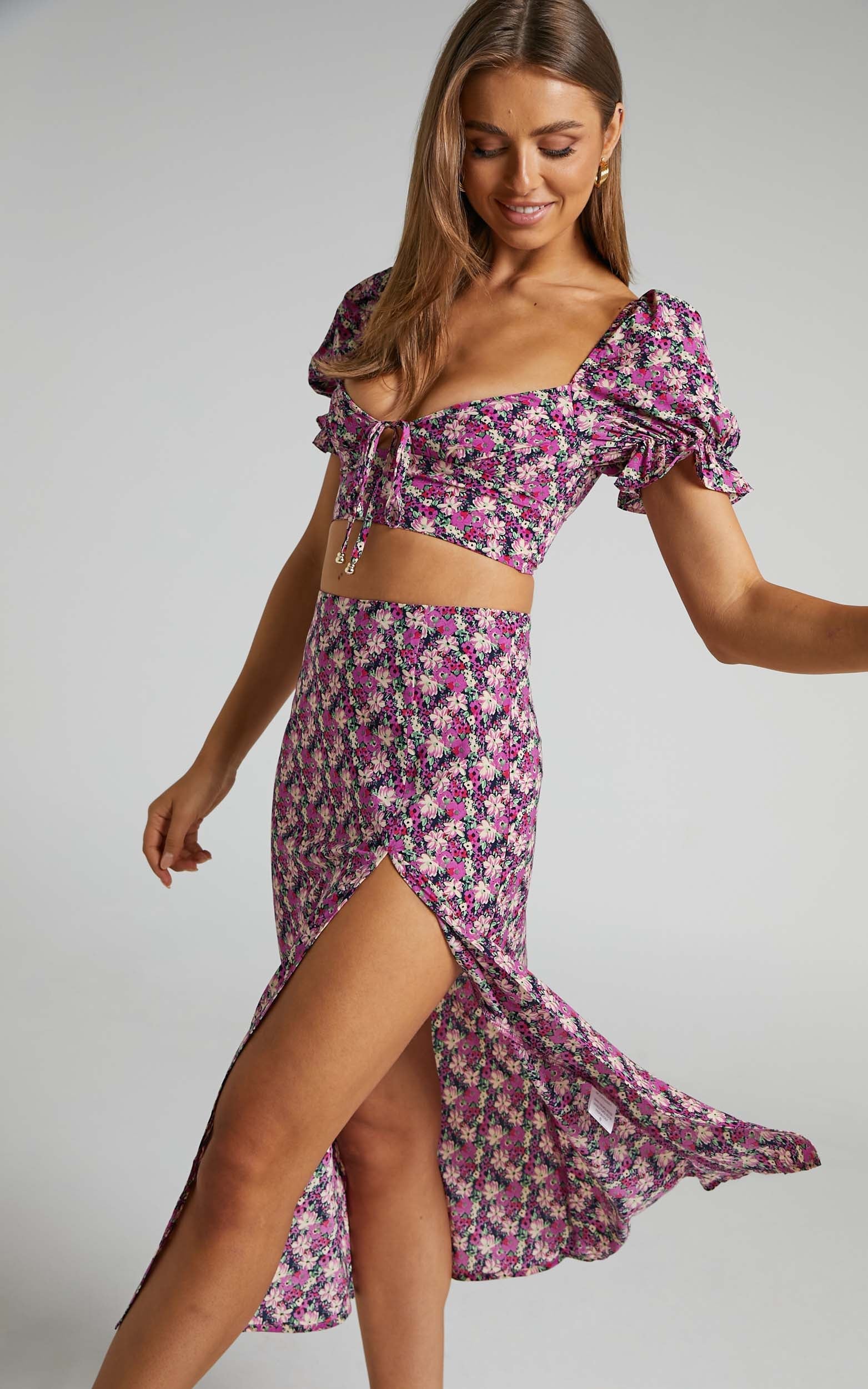 Alleine Puff Sleeve Crop Top and Split Midi Skirt Two Piece Set in Purple Floral