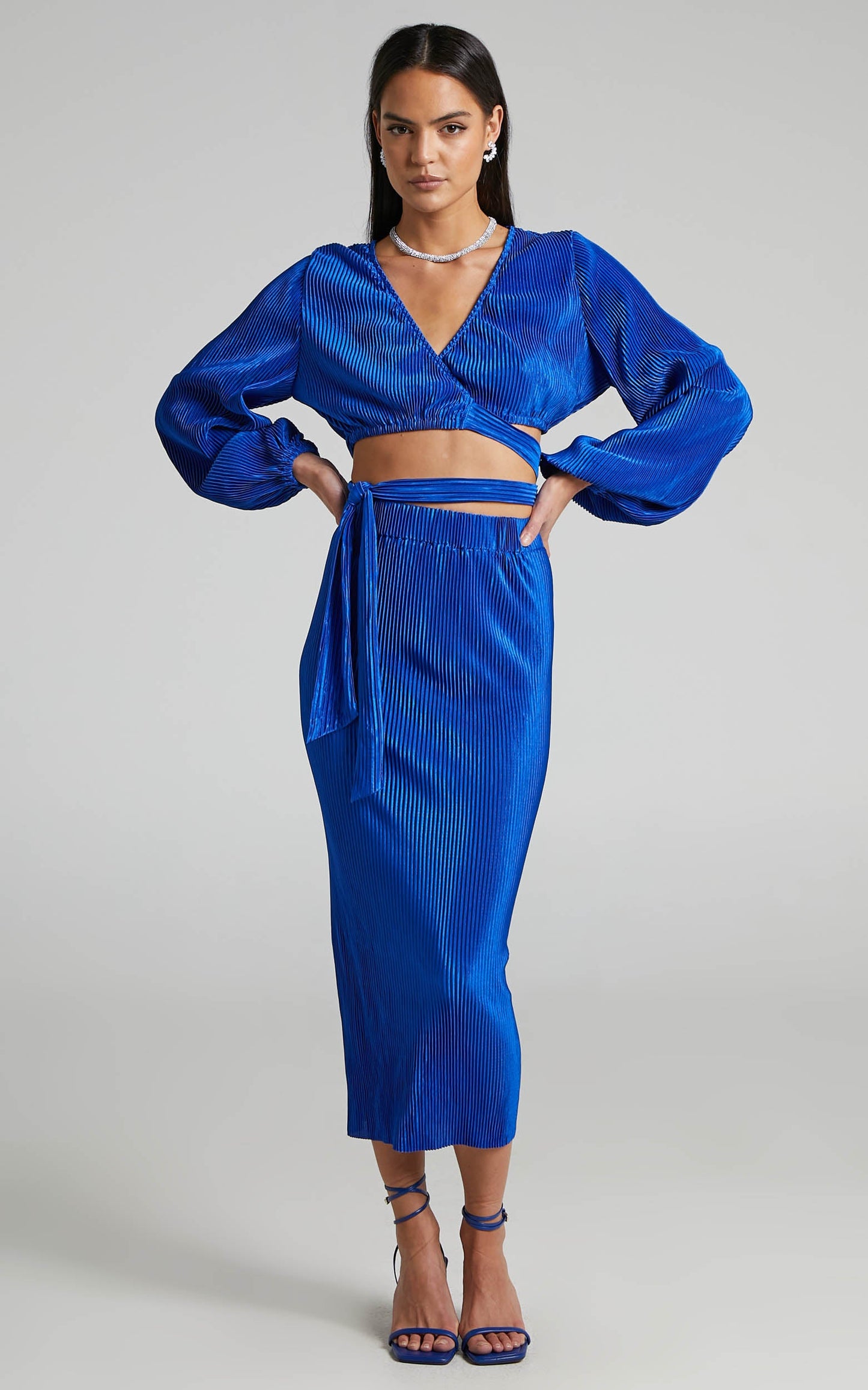 Allina Plisse Long Sleeve Wrap Top and Midi Skirt Two Piece Set in Cobalt