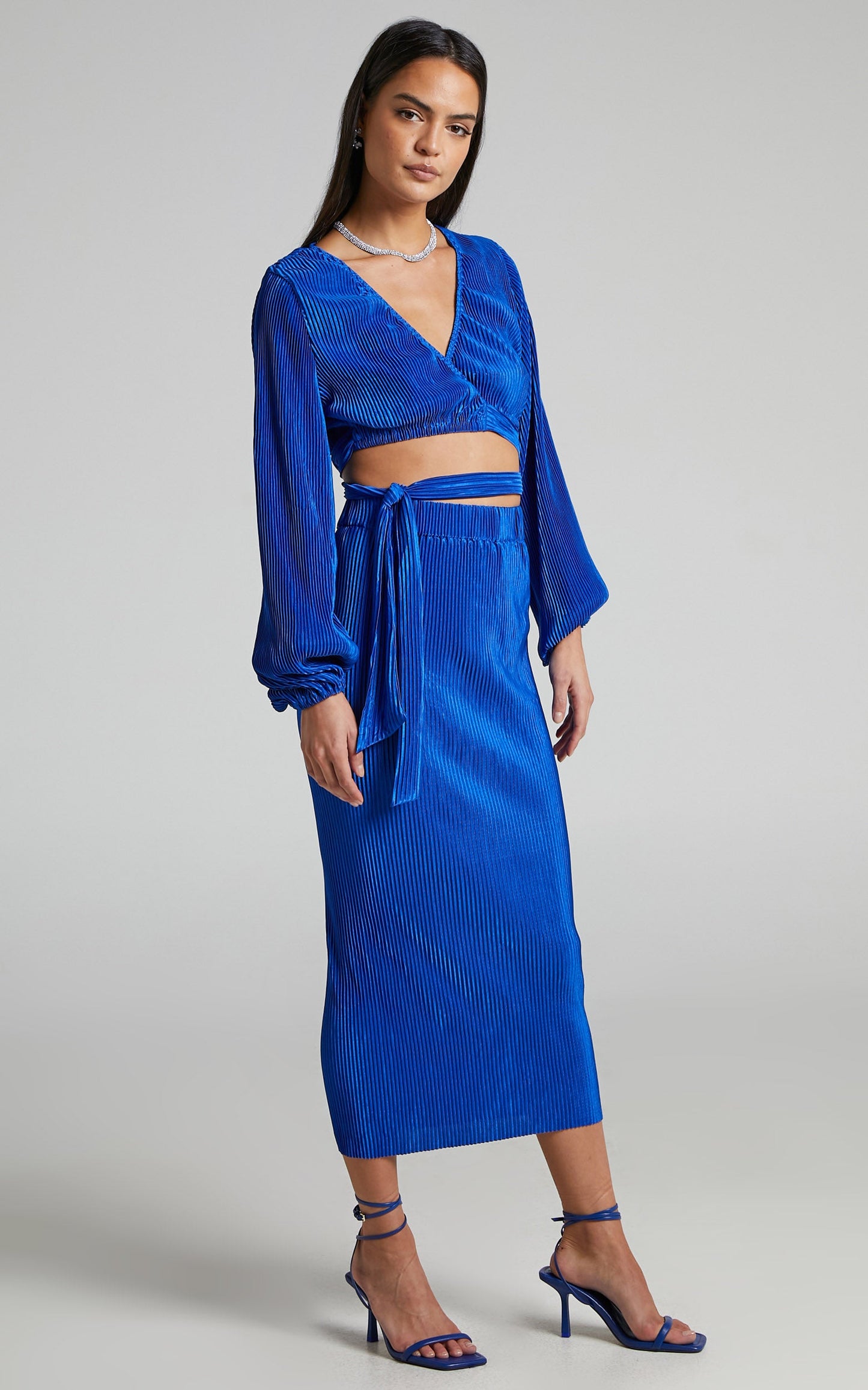Allina Plisse Long Sleeve Wrap Top and Midi Skirt Two Piece Set in Cobalt