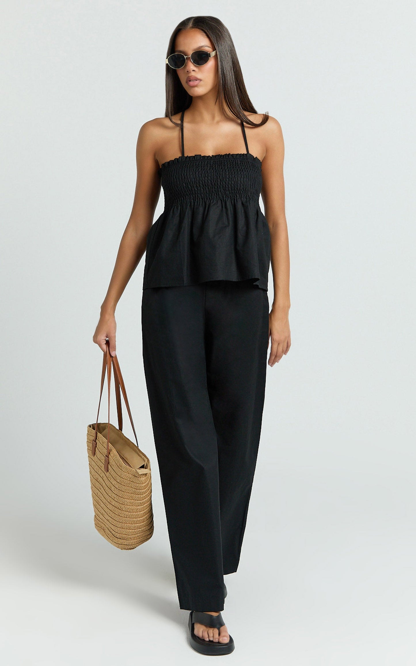Alma Two Piece Set - Cotton Cami Pant Set in Black