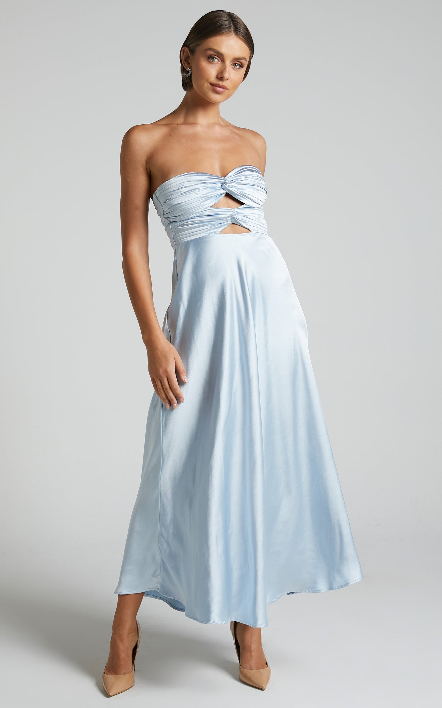 Almaeh Midi Dress - Twist Front Cut Out Strapless Slip Dress in Pale Blue