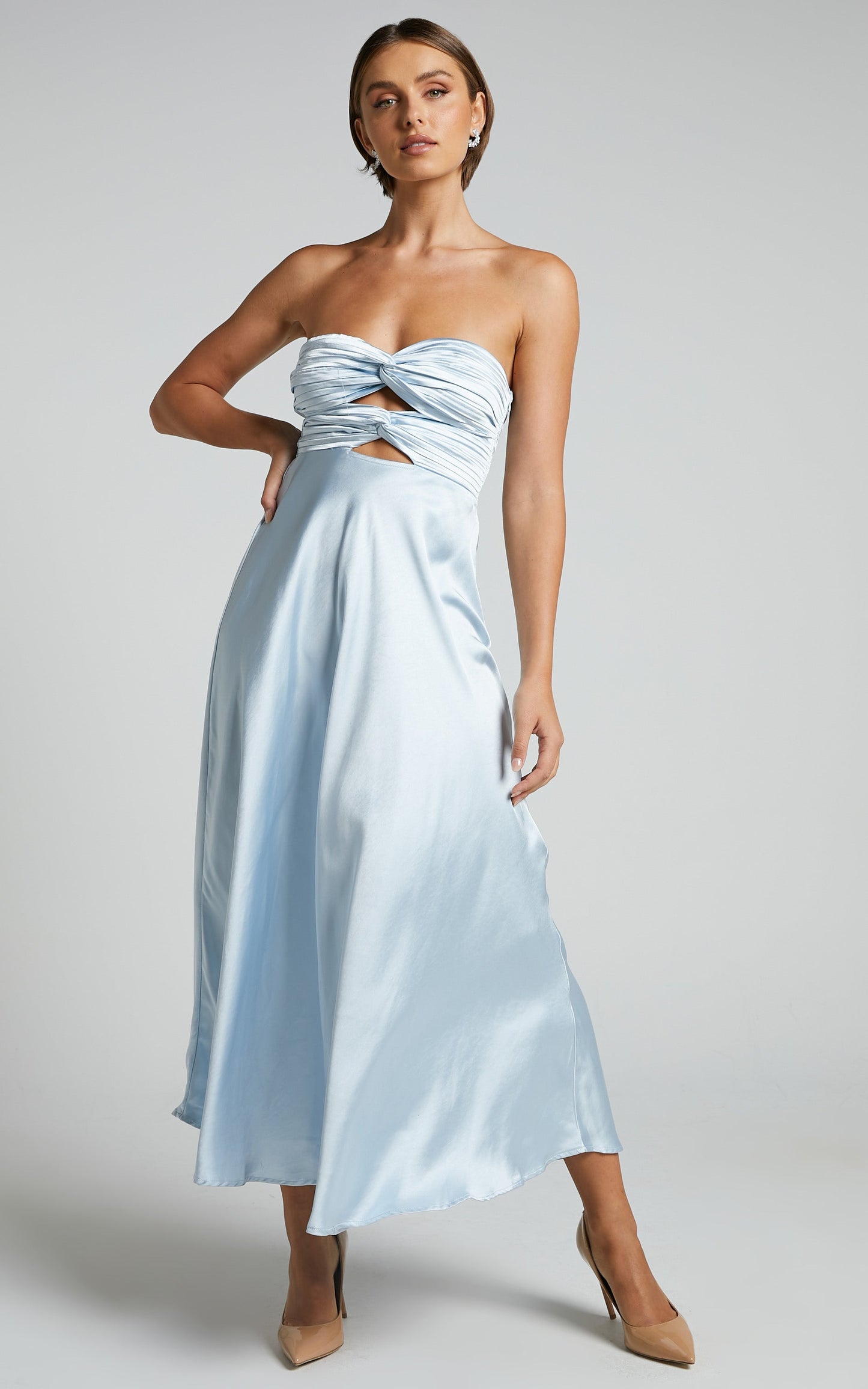 Almaeh Midi Dress - Twist Front Cut Out Strapless Slip Dress in Pale Blue