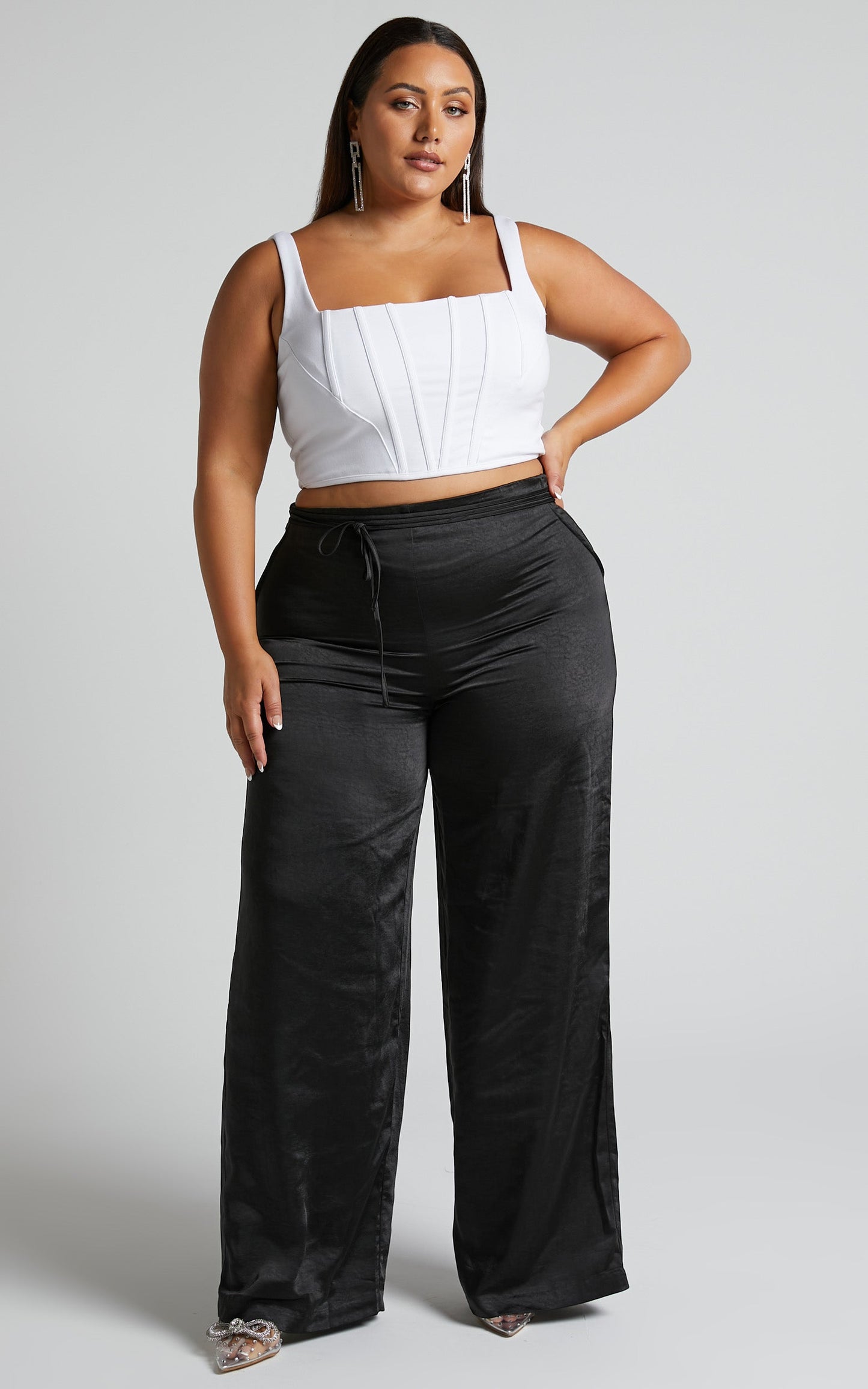 Almaeh Pants - High Waisted Tie Waist Wide Leg Satin Pants in Black