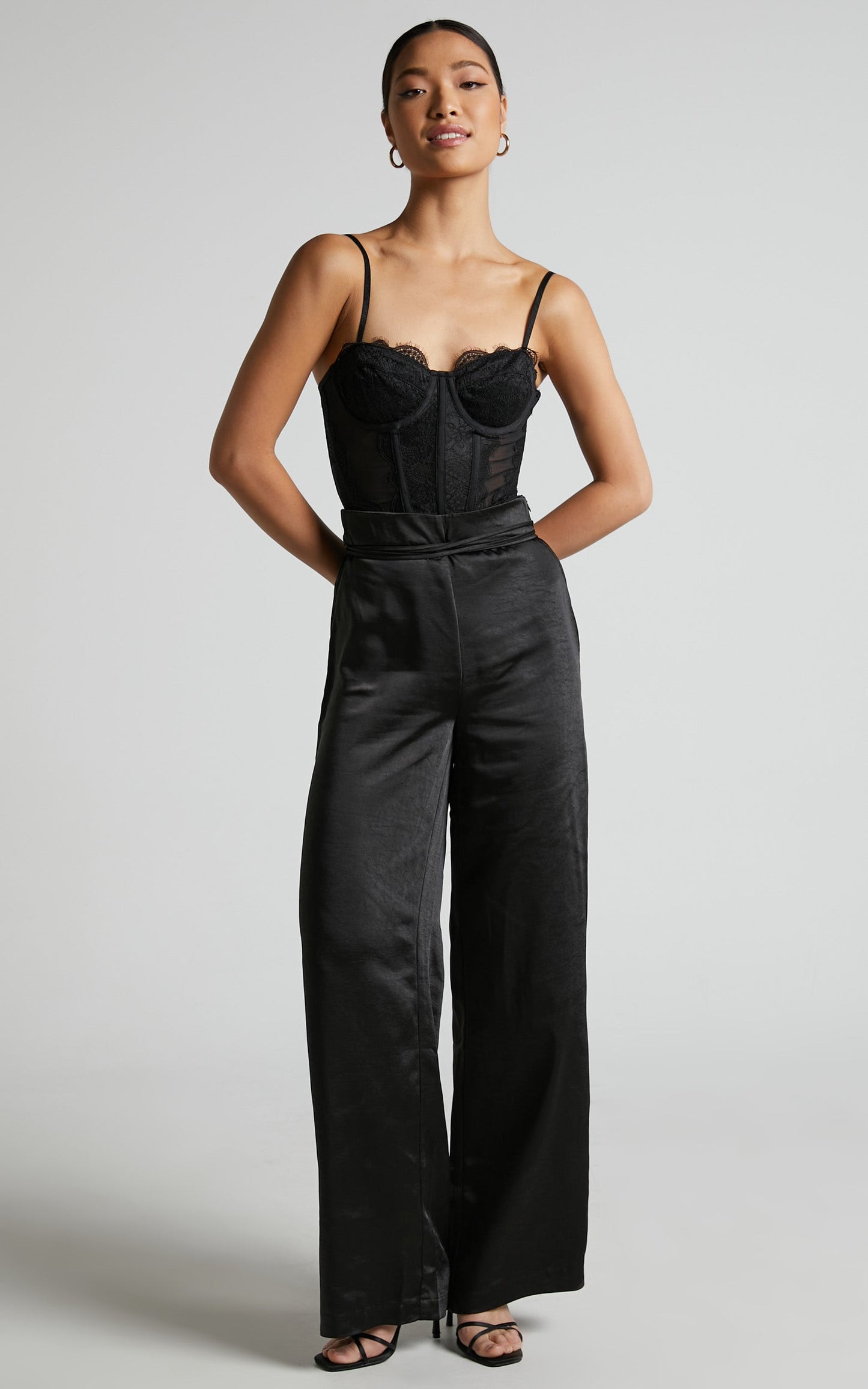 Almaeh Pants - High Waisted Tie Waist Wide Leg Satin Pants in Black