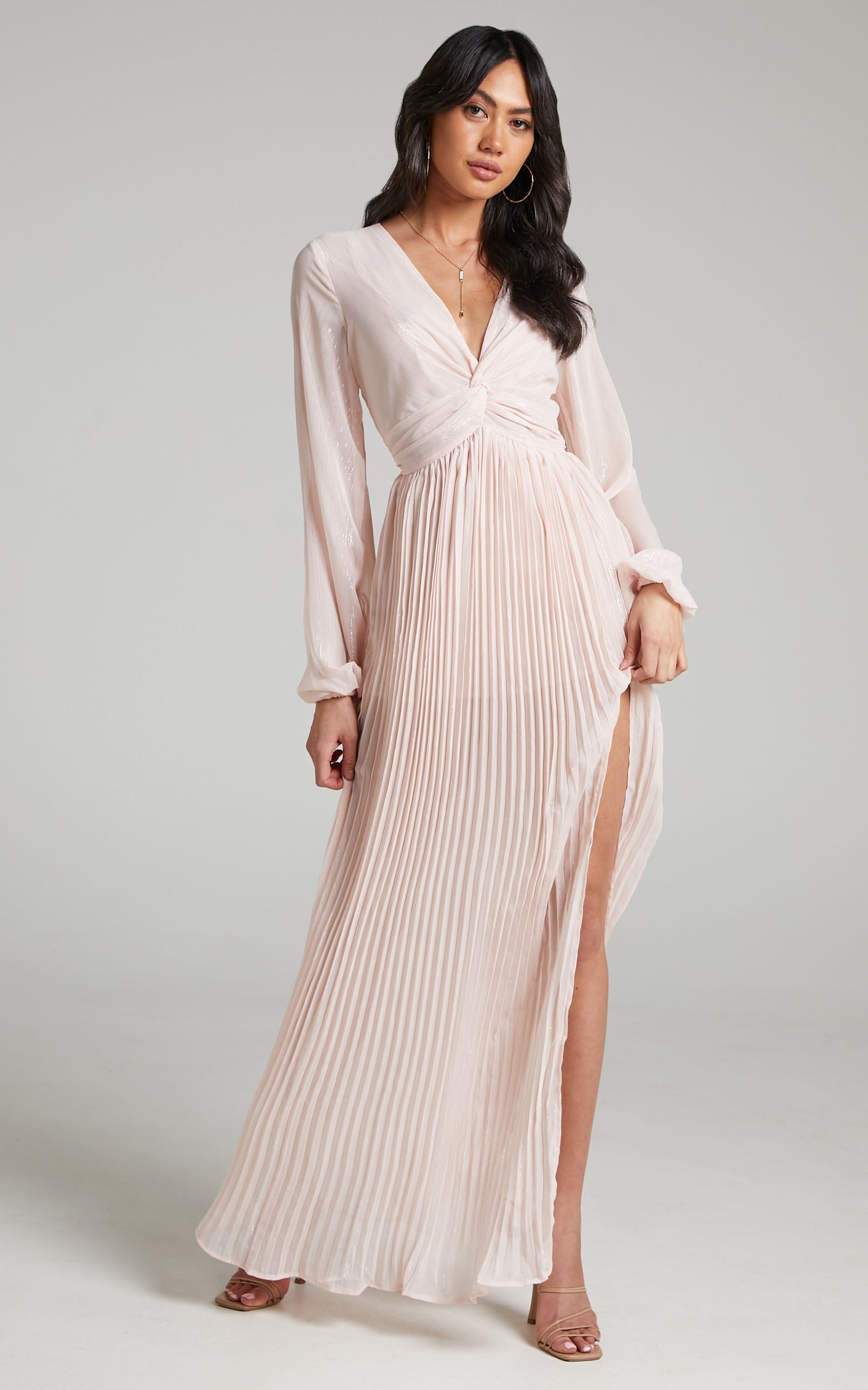 Alona Long Sleeve Twist Front Pleated Maxi Dress in Pink