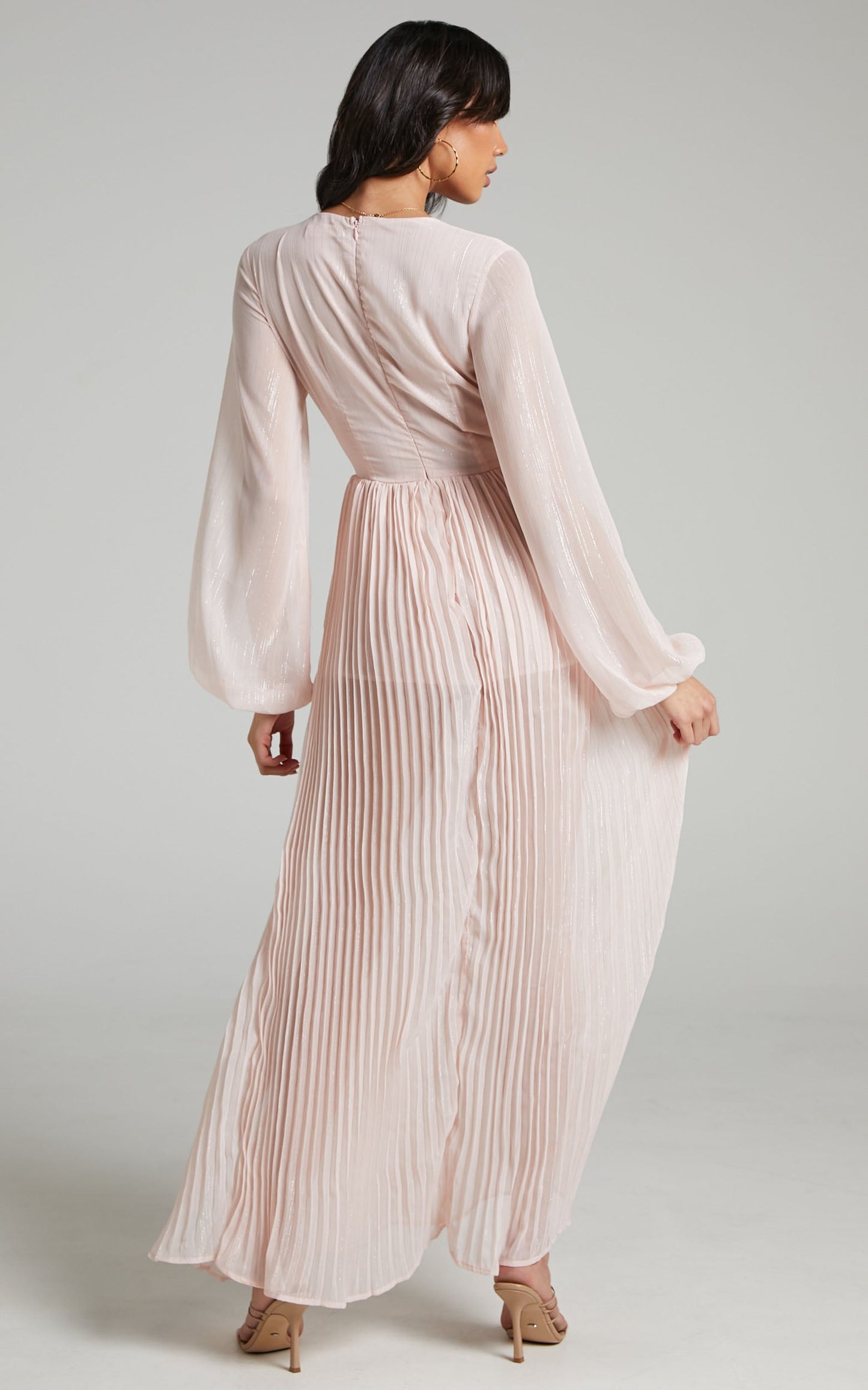 Alona Long Sleeve Twist Front Pleated Maxi Dress in Pink