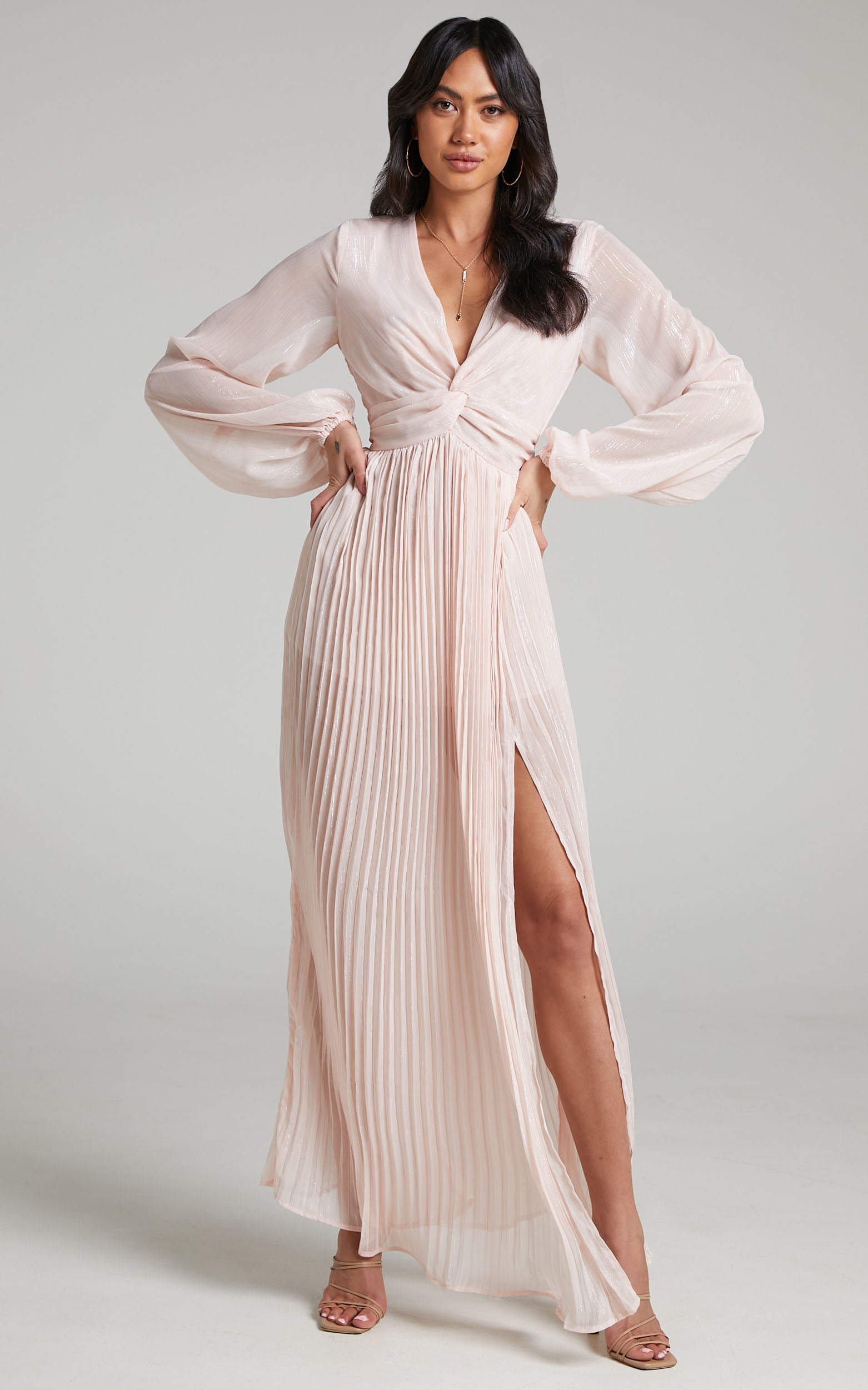 Alona Long Sleeve Twist Front Pleated Maxi Dress in Pink