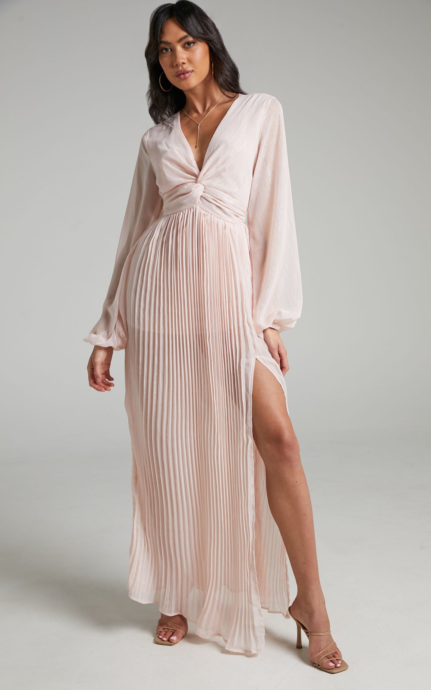 Alona Long Sleeve Twist Front Pleated Maxi Dress in Pink