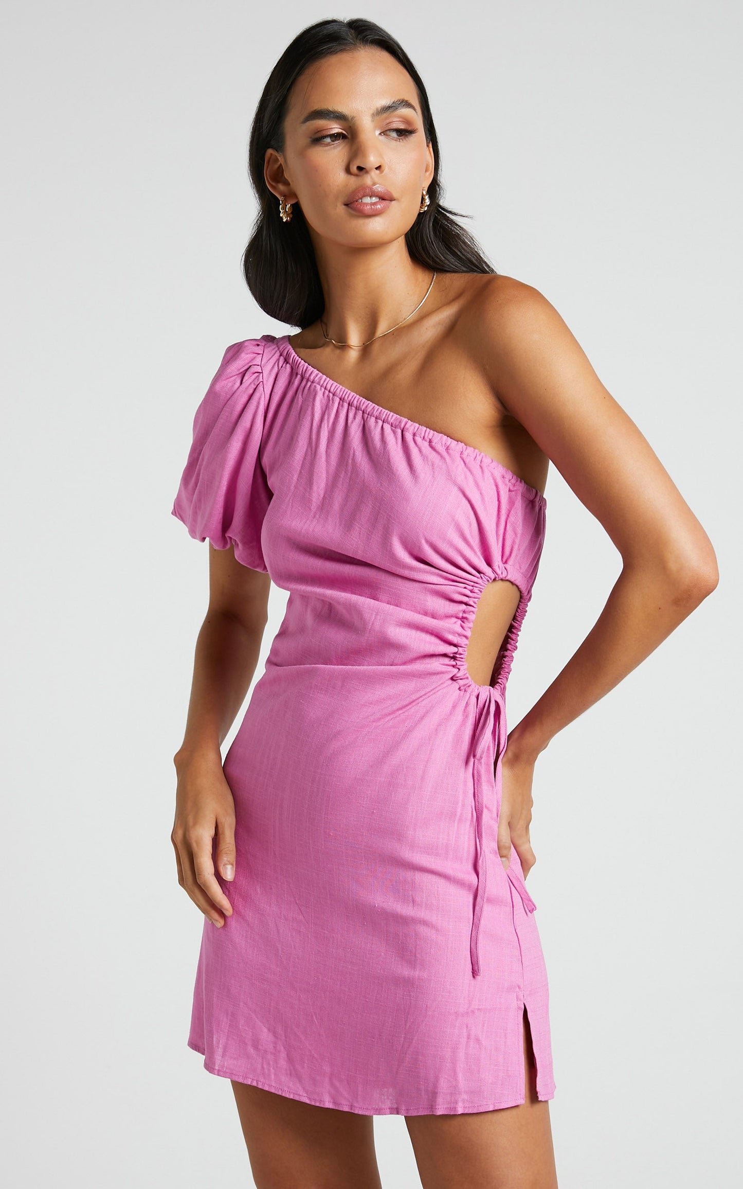 Alondra Mini Dress - Linen Look One Shoulder Puff Sleeve Tie Waist Dress in Orchid