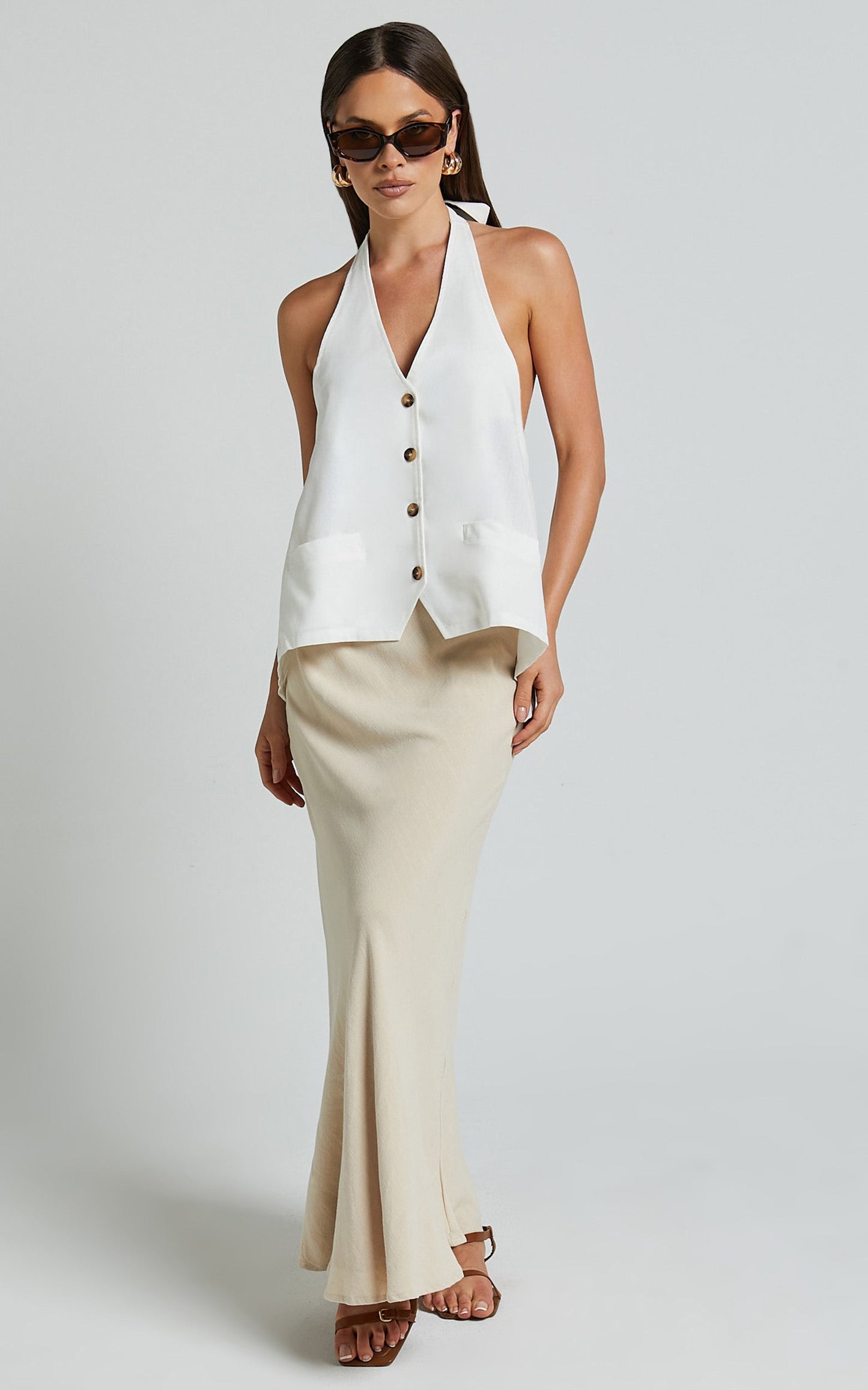 Alonzo Vest - Linen Halter Neck Vest with Pockets in White