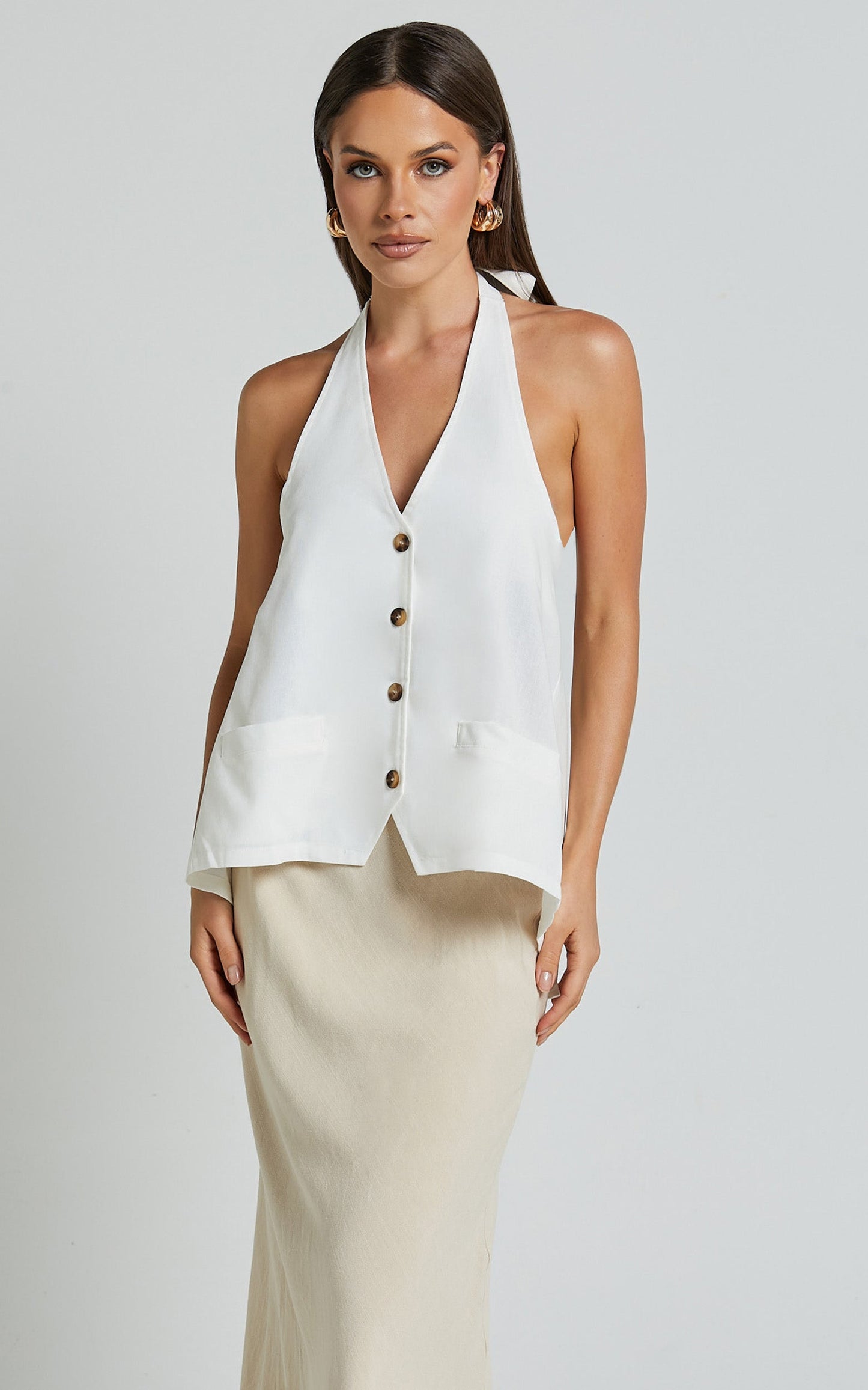 Alonzo Vest - Linen Halter Neck Vest with Pockets in White