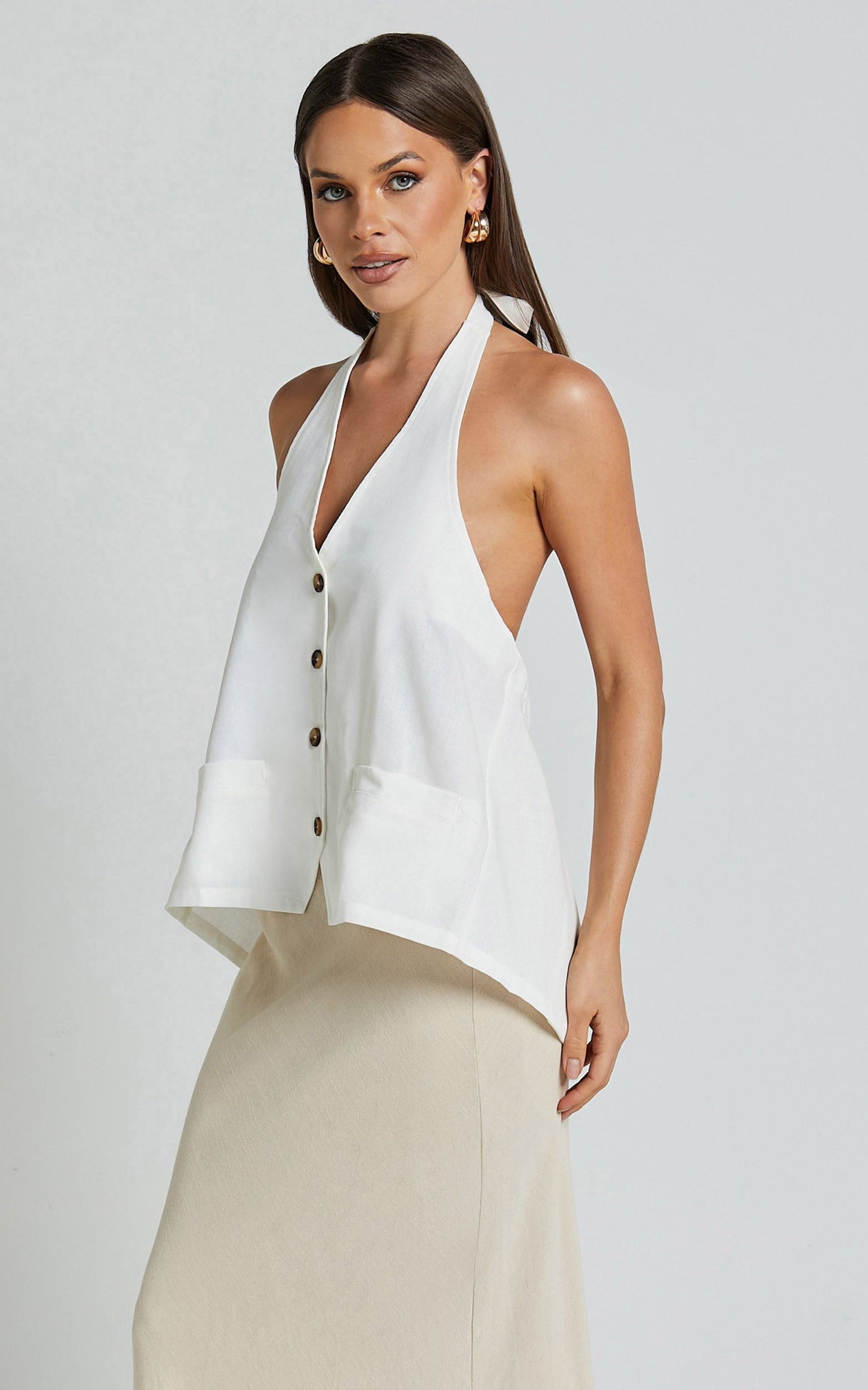 Alonzo Vest - Linen Halter Neck Vest with Pockets in White
