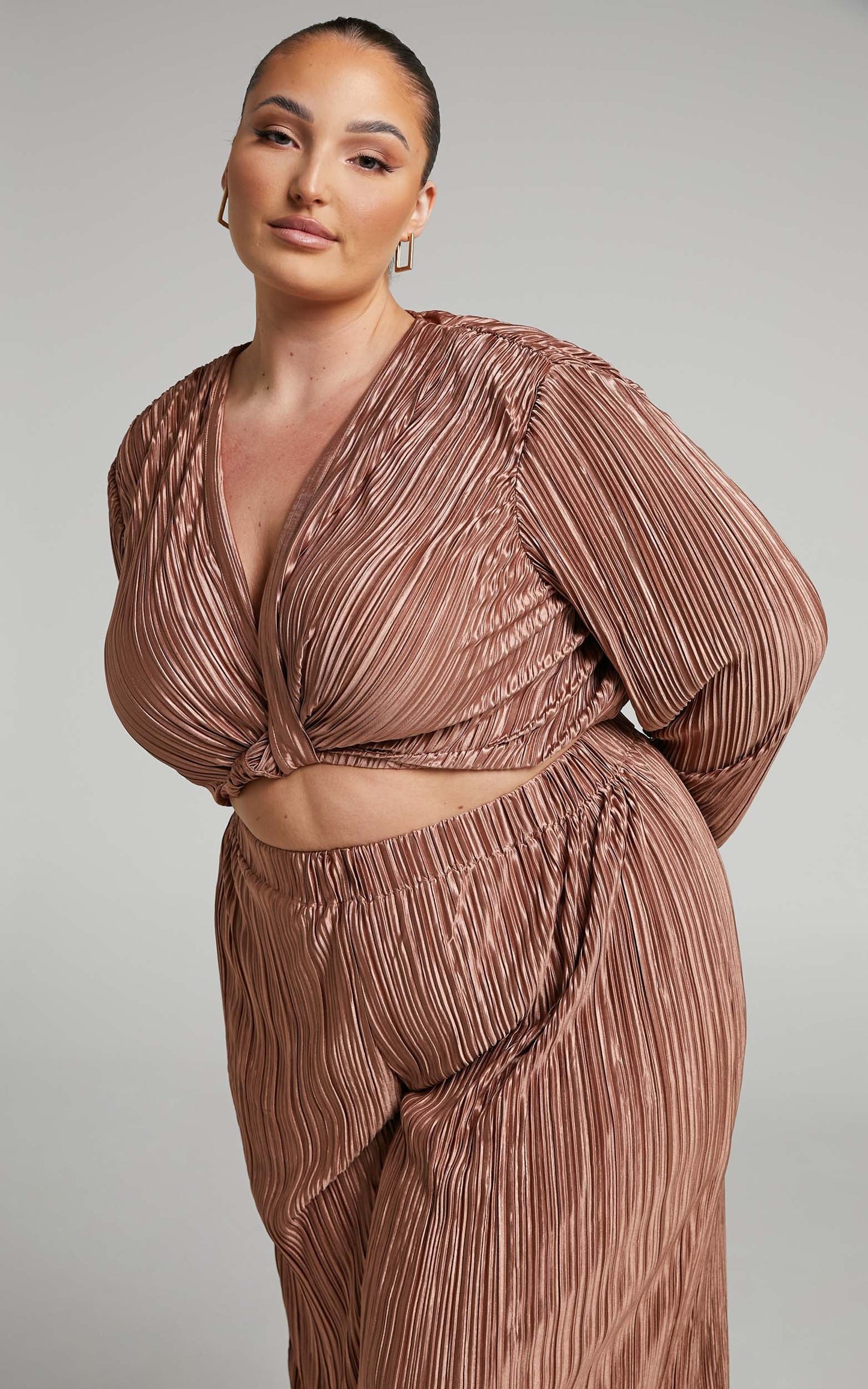 Aluna Two Piece Set - Plisse Twist Front Crop Top and Wide Leg Pants Set in Chocolate