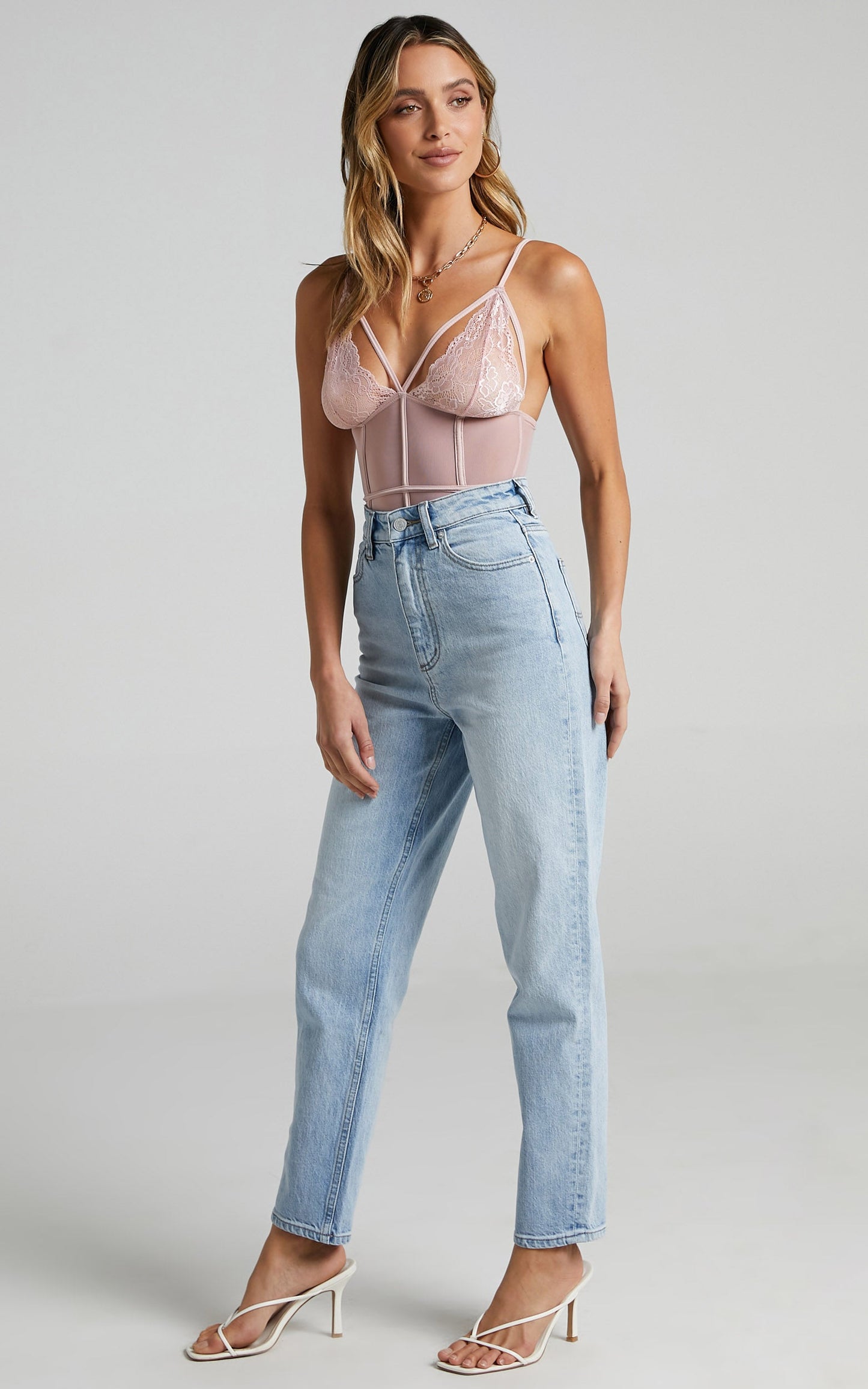 Alvia Strappy Bodysuit in Blush Lace