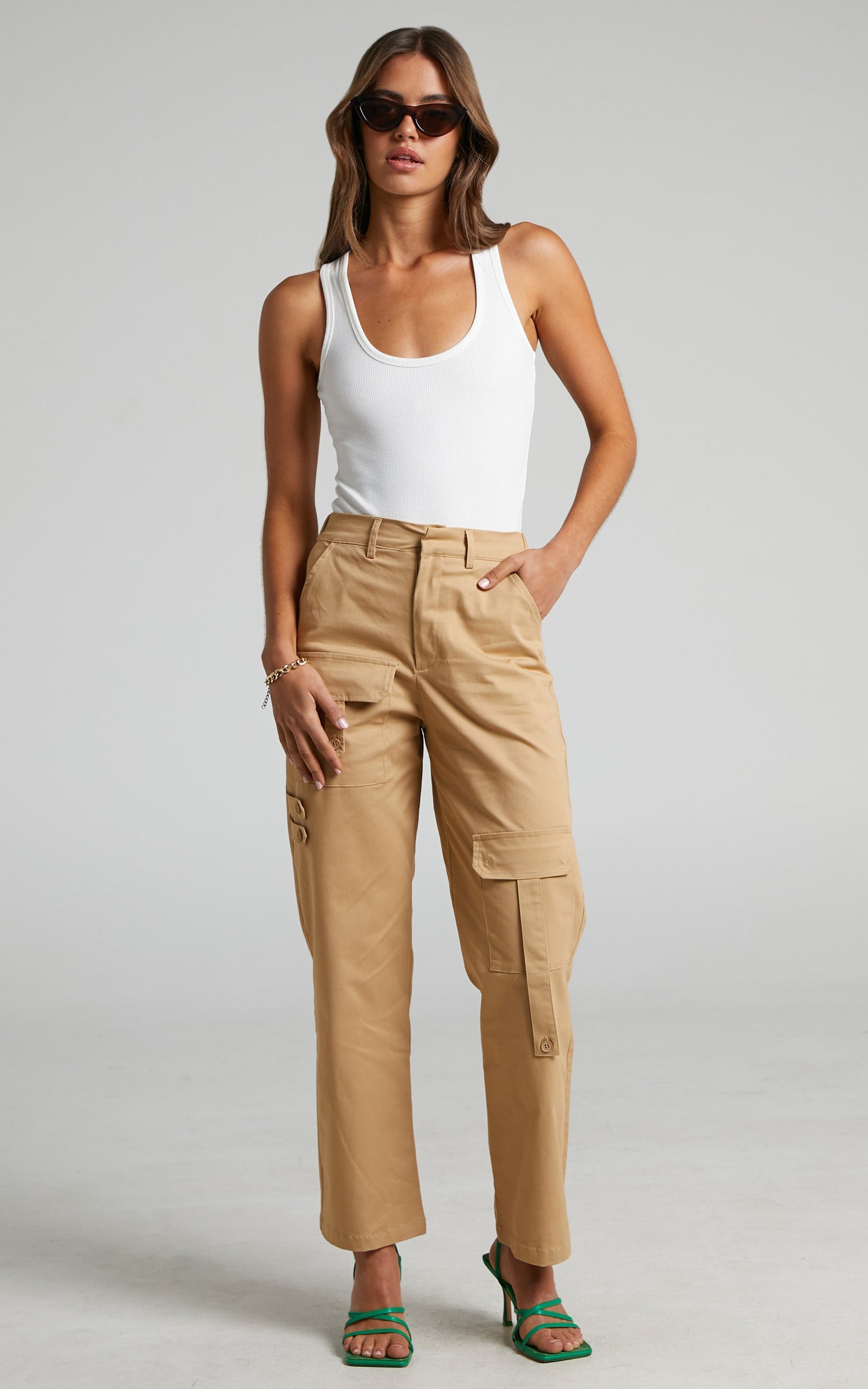 Alvinia Pants - High Waisted Utility Cargo Pants in Camel
