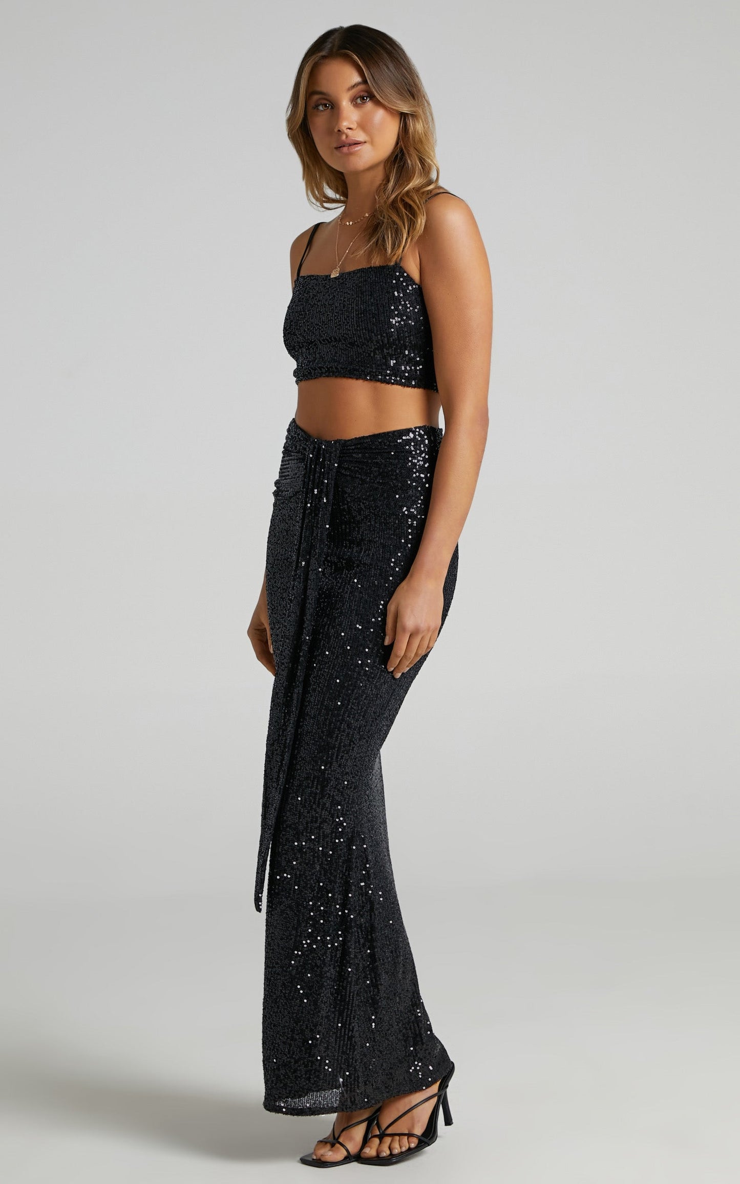 Anmae Two Piece Set - Square Neck Drape and Split Front Midi Skirt Set in Black Sequin