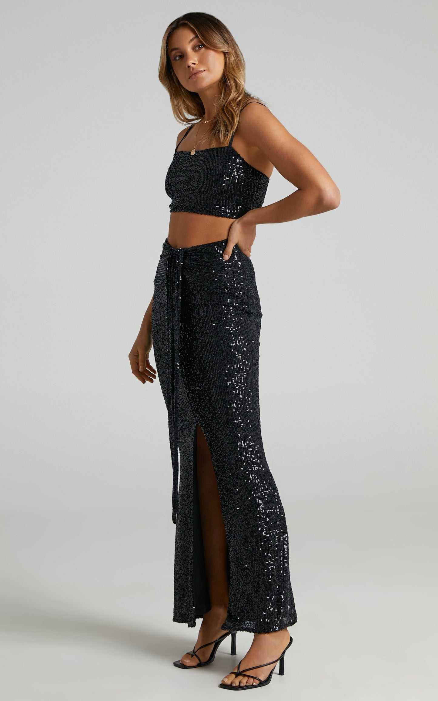 Anmae Two Piece Set - Square Neck Drape and Split Front Midi Skirt Set in Black Sequin