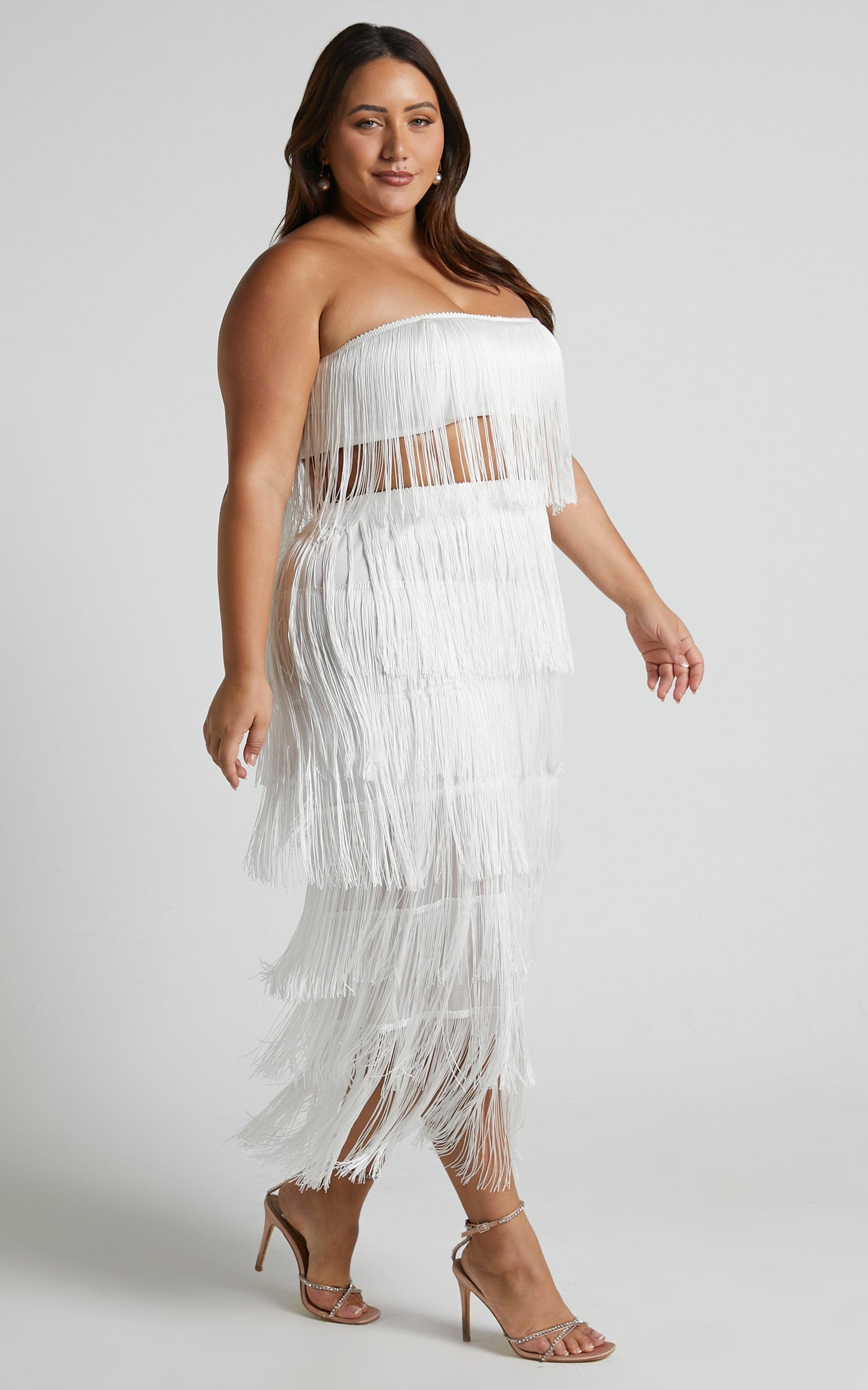 Amalee Two Piece Set - Fringe Strapless Crop Top and Midi Skirt Set in White