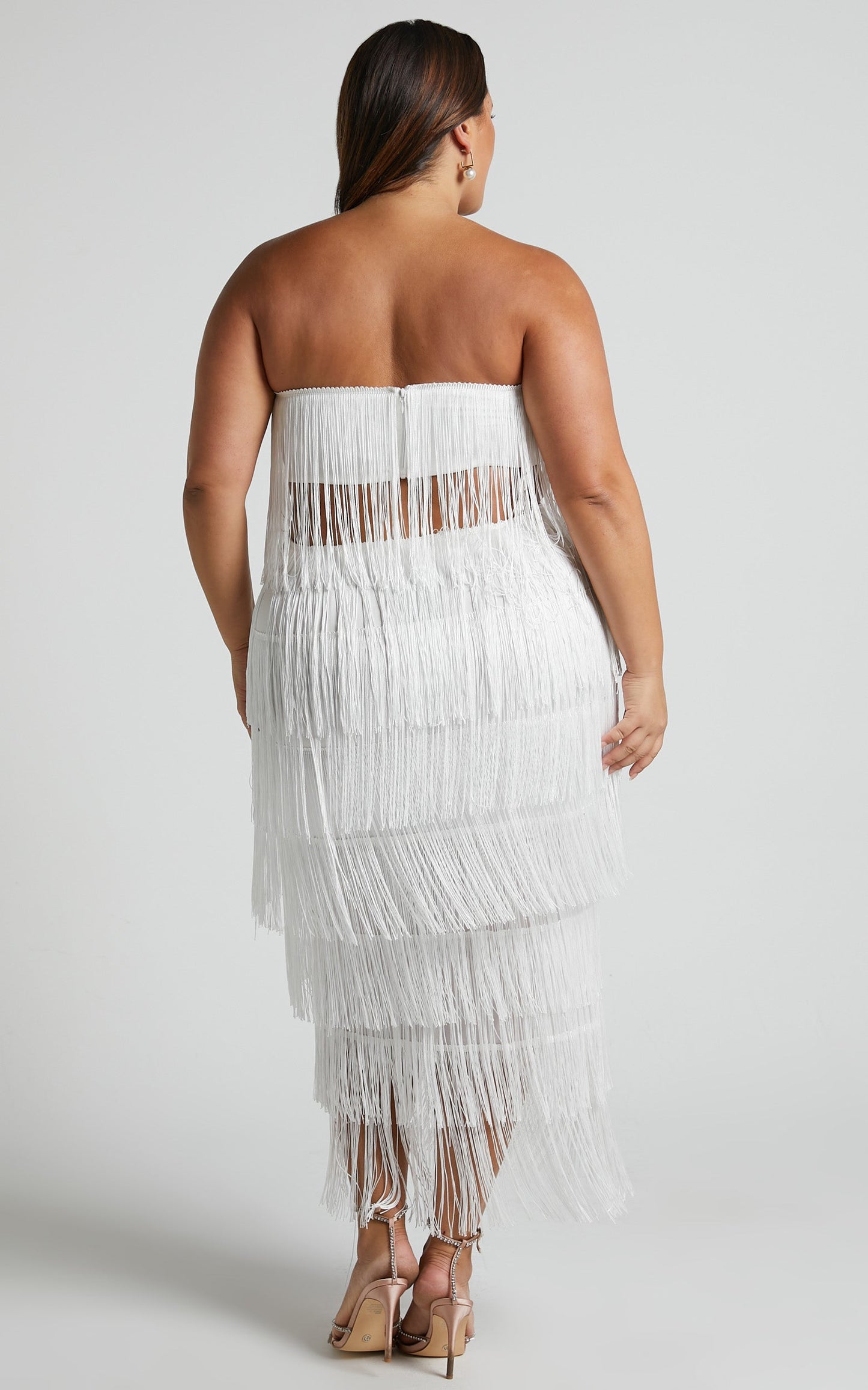 Amalee Two Piece Set - Fringe Strapless Crop Top and Midi Skirt Set in White