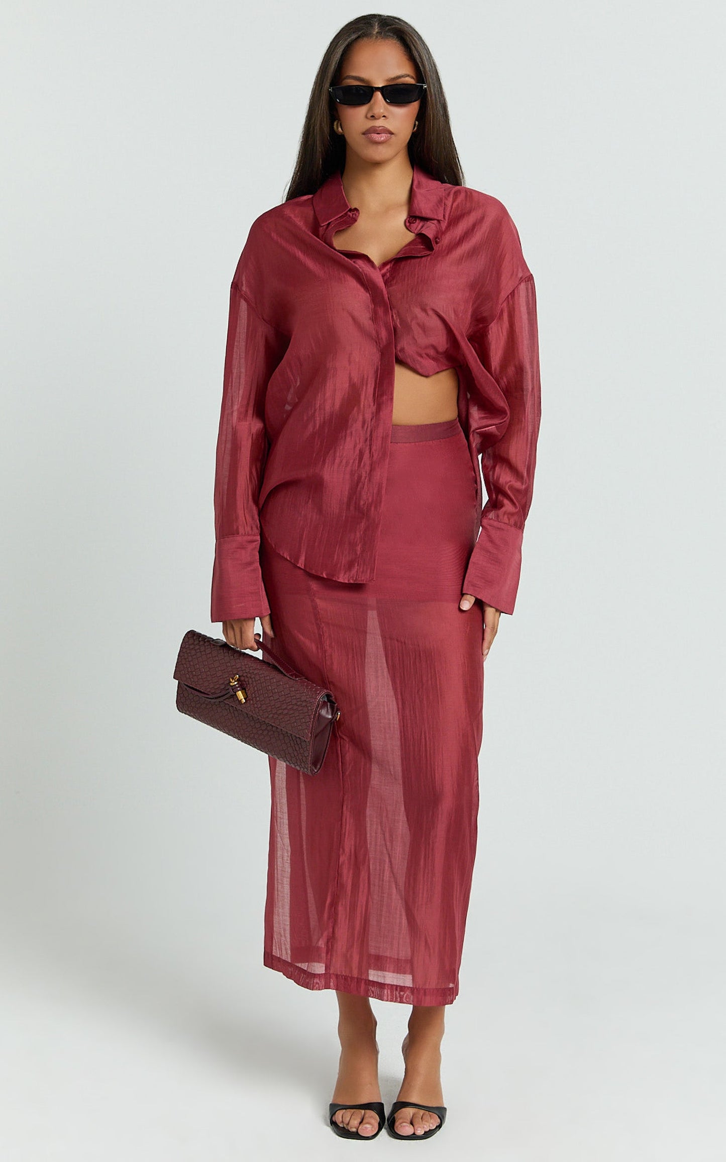 Amalia Top - Sheer Concealed Placket Collared Shirt in Cherry