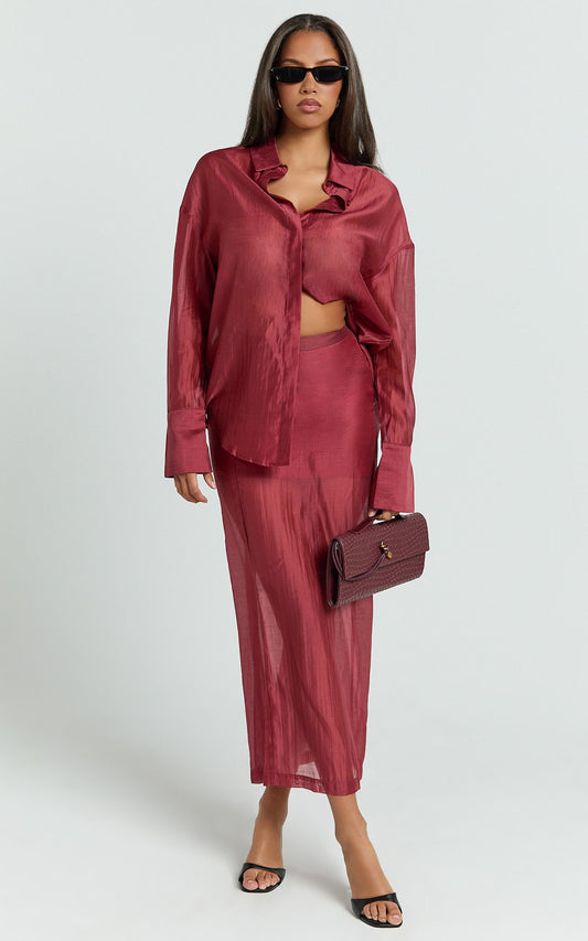 Amalia Midi Skirt - Sheer Ankle Length Pencil Skirt in Cherry