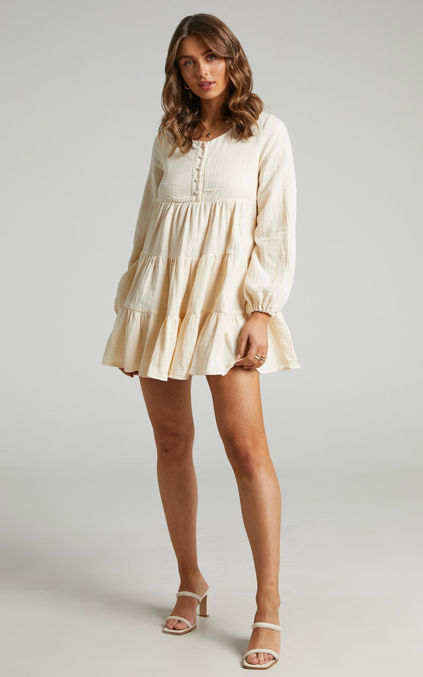Amalia Mini Dress - Long Sleeve Smock Dress in Cream