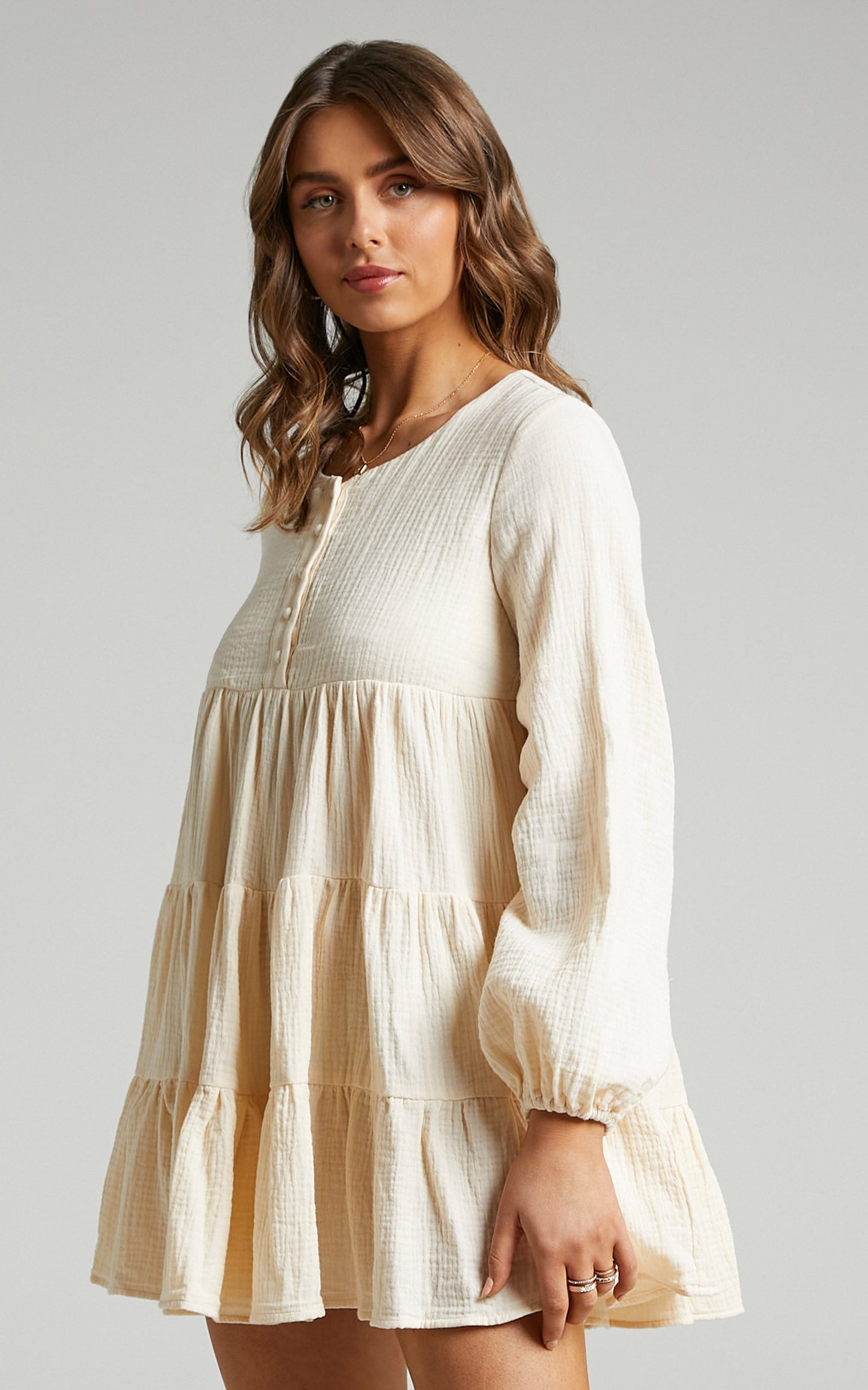Amalia Mini Dress - Long Sleeve Smock Dress in Cream