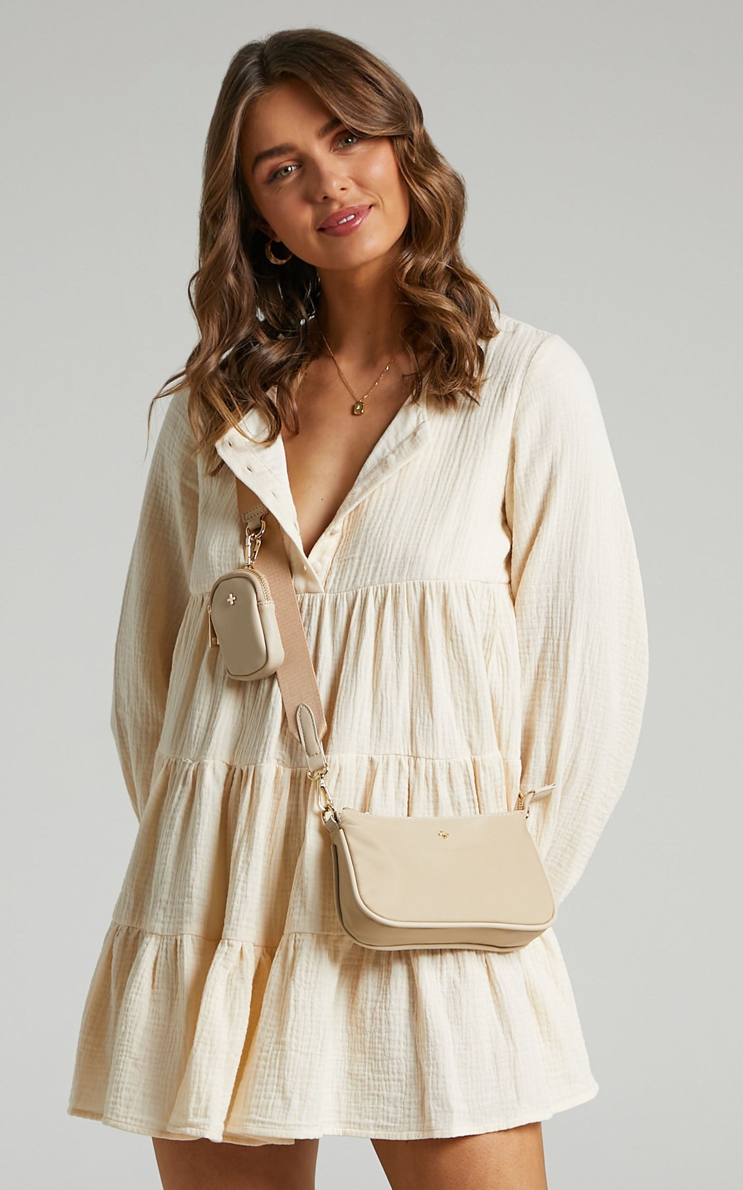 Amalia Mini Dress - Long Sleeve Smock Dress in Cream