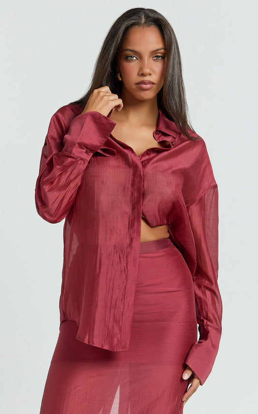 Amalia Top - Sheer Concealed Placket Collared Shirt in Cherry