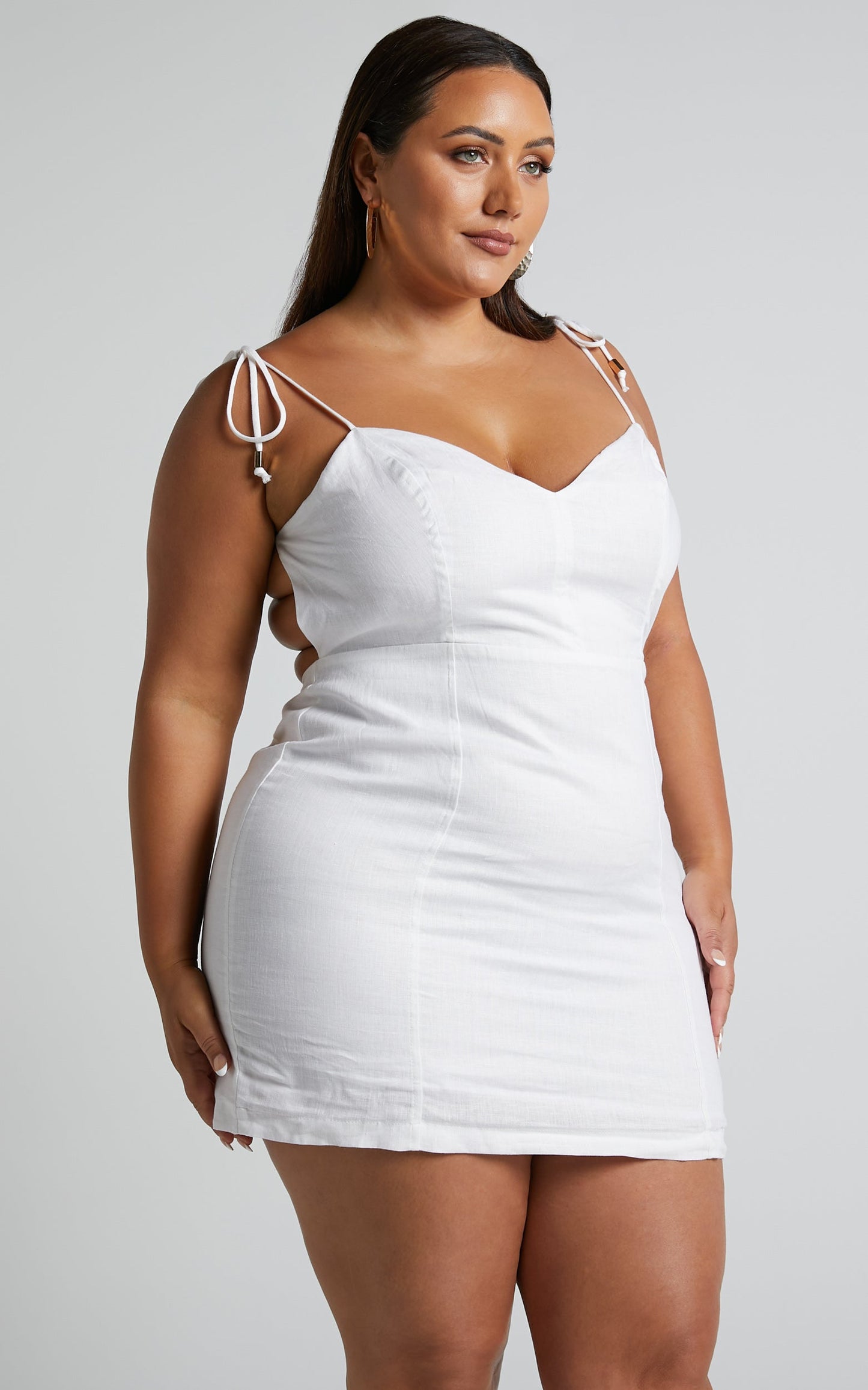 Amalie The Label - Denissia Linen Strappy Open Back Mini Linen Dress in White