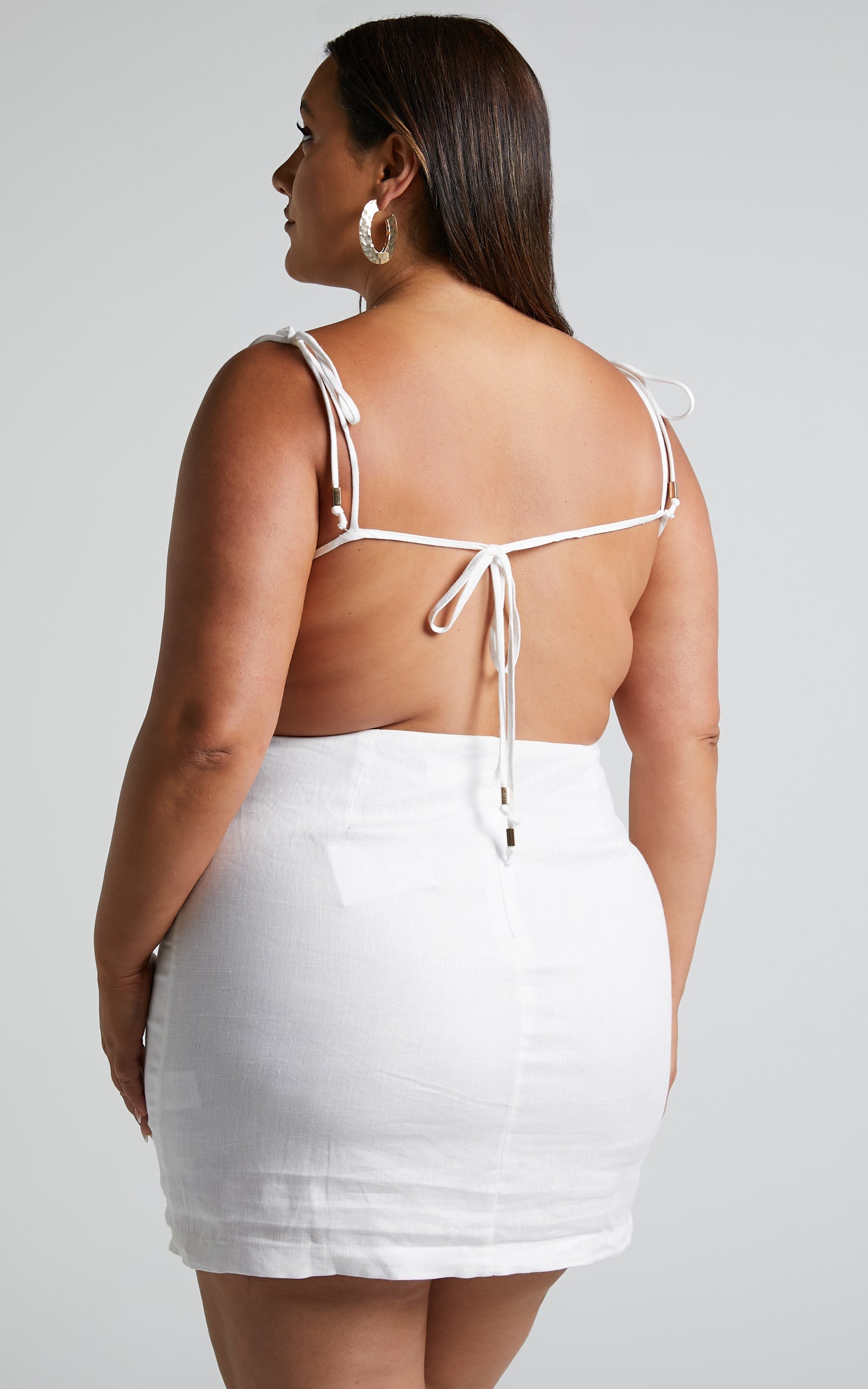 Amalie The Label - Denissia Linen Strappy Open Back Mini Linen Dress in White