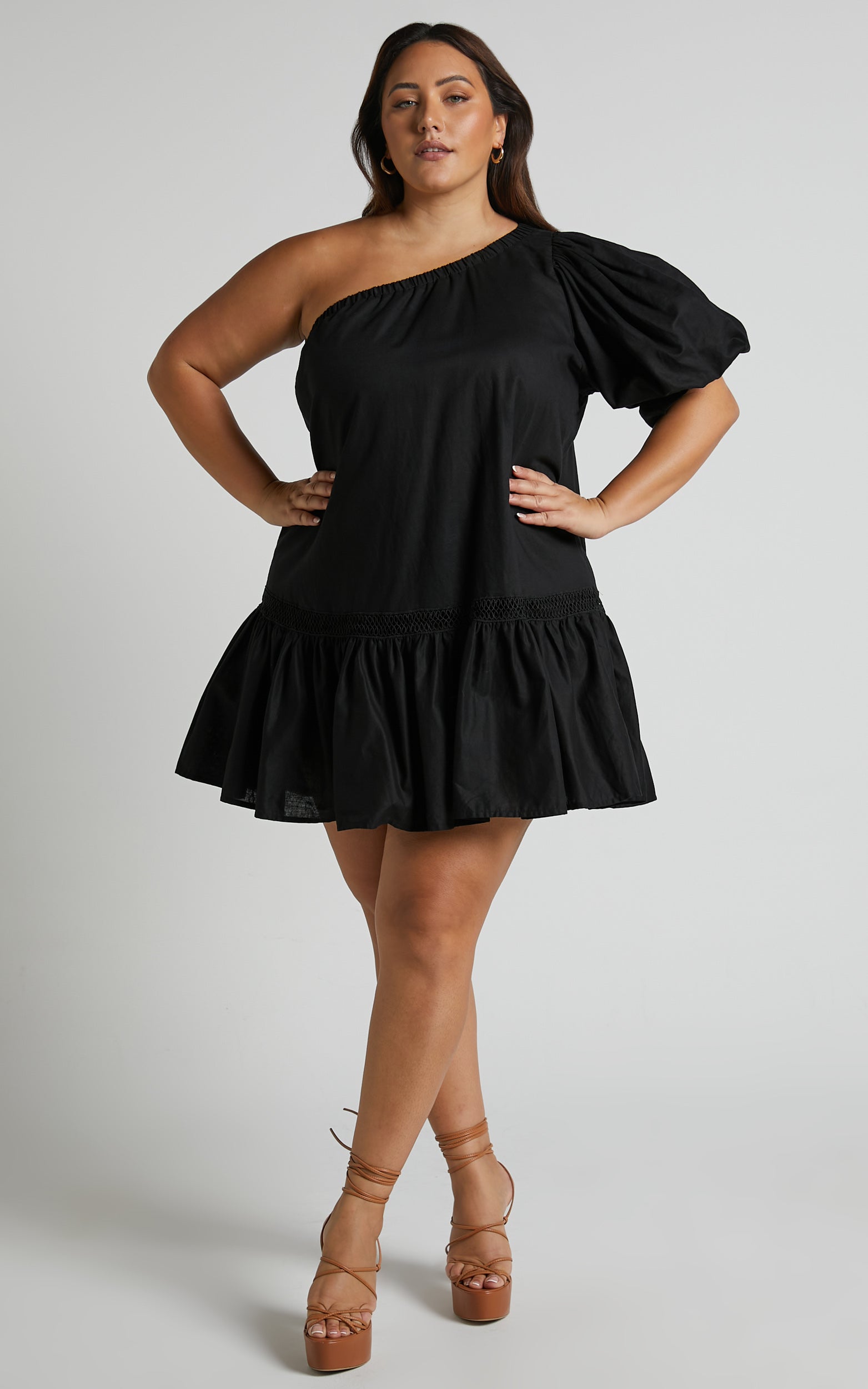 Amalie The Label - Aimi Linen Blend One Shoulder Puff Sleeve Mini Dress in Black