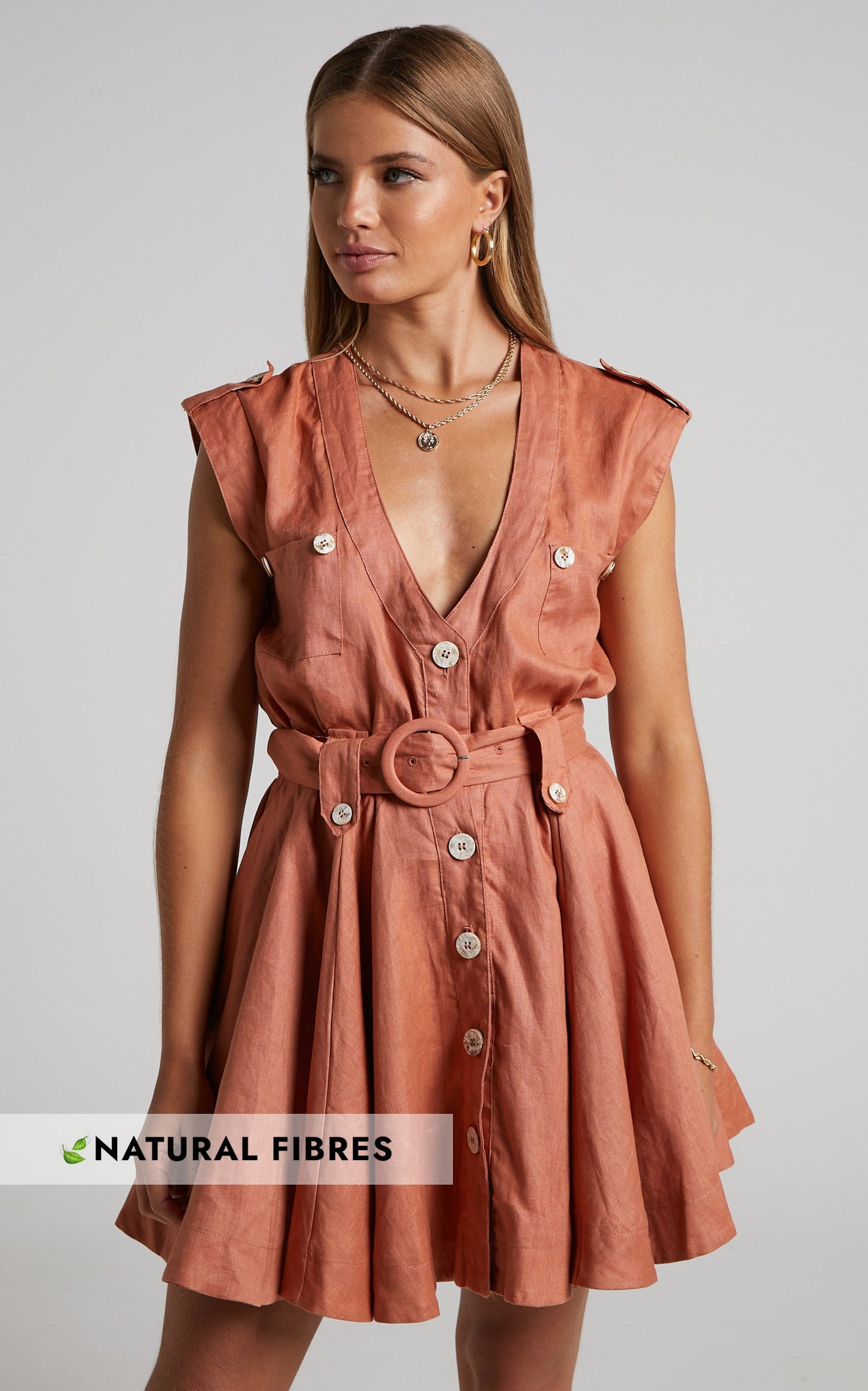Amalie The Label - Alexandre Linen Utility Style Mini Linen Dress in Toffee
