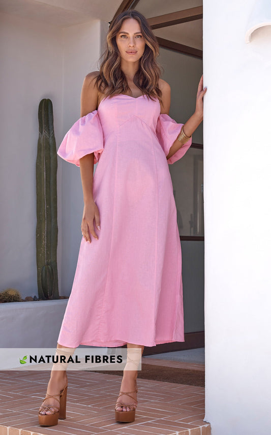 Amalie The Label - Beccah Linen Look Blend Off The Shoulder Midi Dress in Pink
