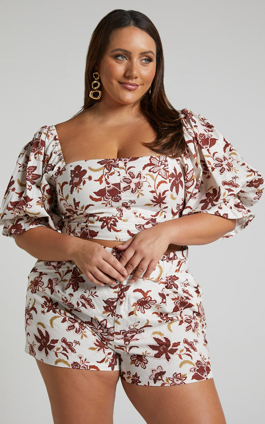 Amalie The Label - Bellene Linen Look Blend Lace Up Back Puff Sleeve Top in Luca Print