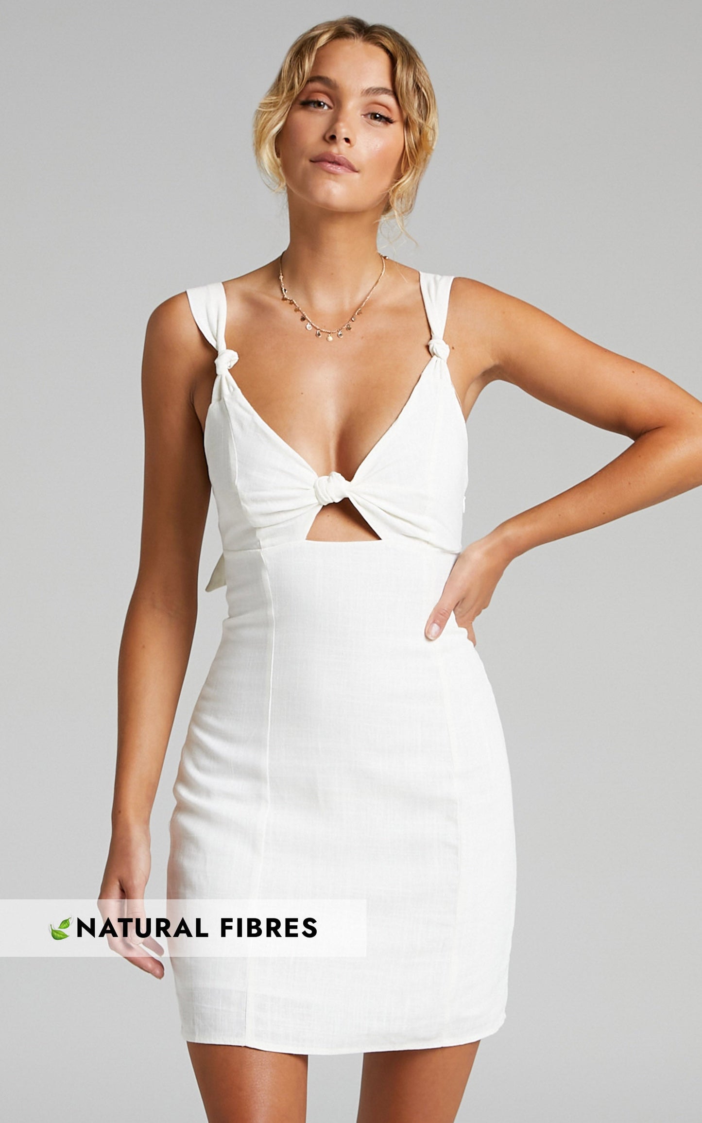 Amalie The Label - Benita Linen Knot Detail Cut Out Mini Dress in White