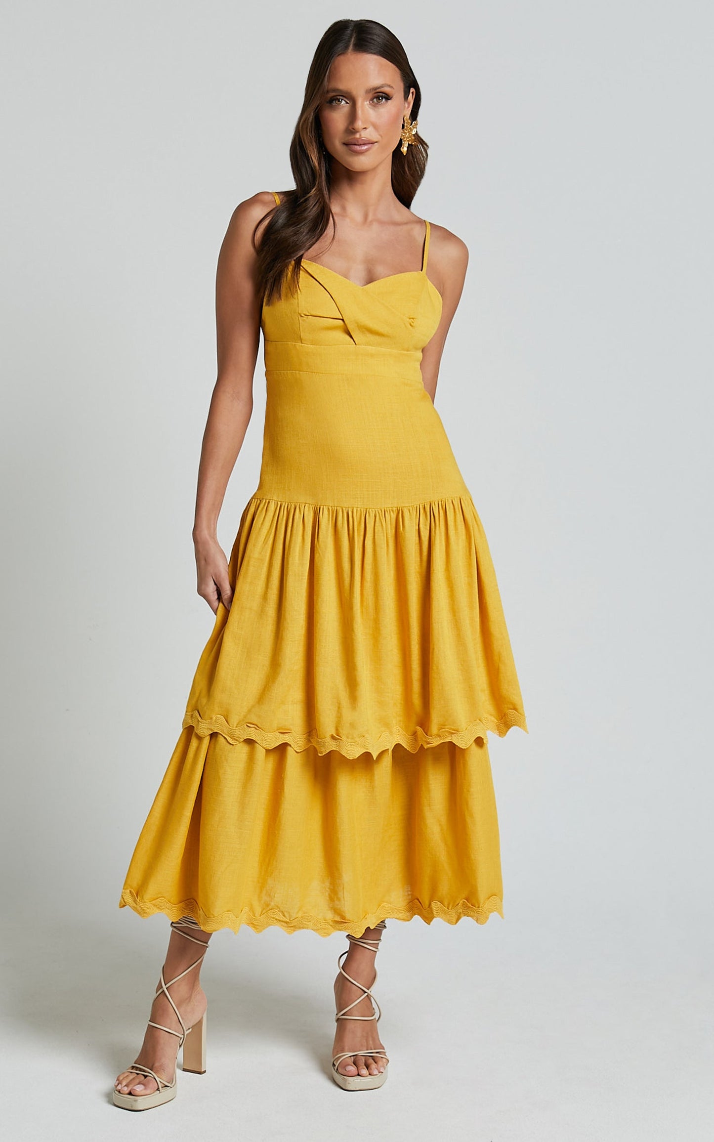 Amalie The Label - Cameo Linen Blend Low Back Tiered Midi Dress in Warm Yellow Gold