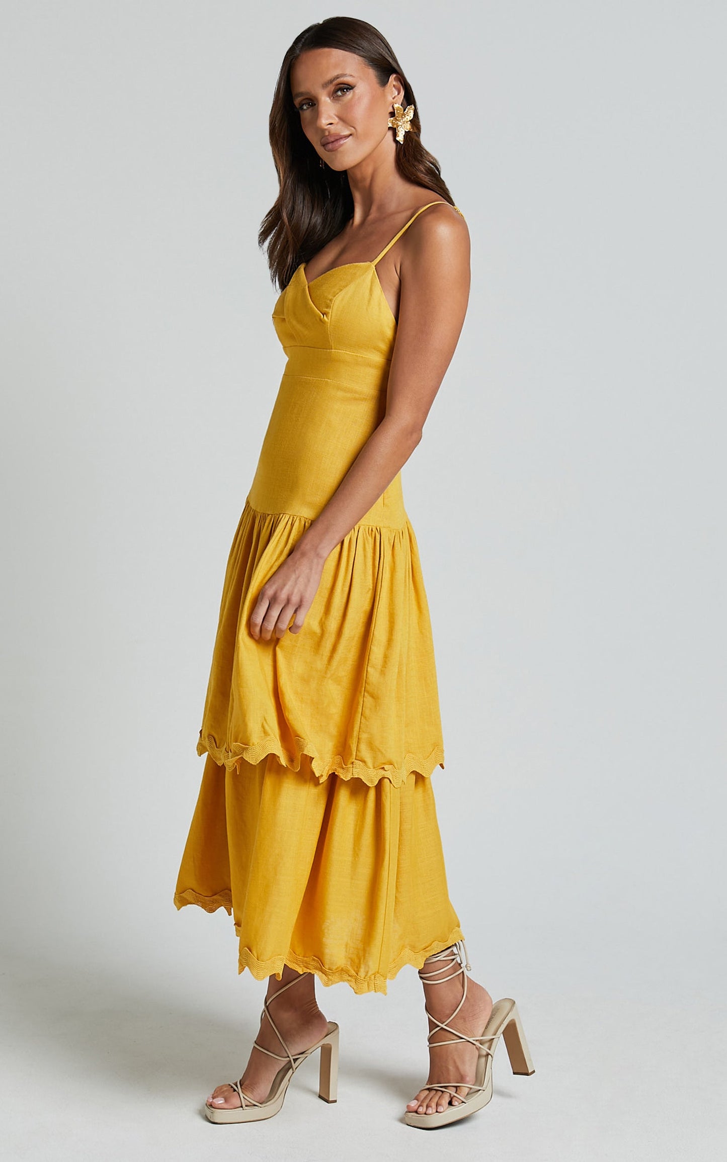 Amalie The Label - Cameo Linen Blend Low Back Tiered Midi Dress in Warm Yellow Gold