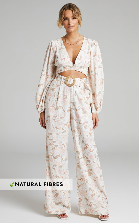 Amalie The Label - Clarette Linen Cotton Belted High Rise Wide Leg Pant in Pink Linear Floral