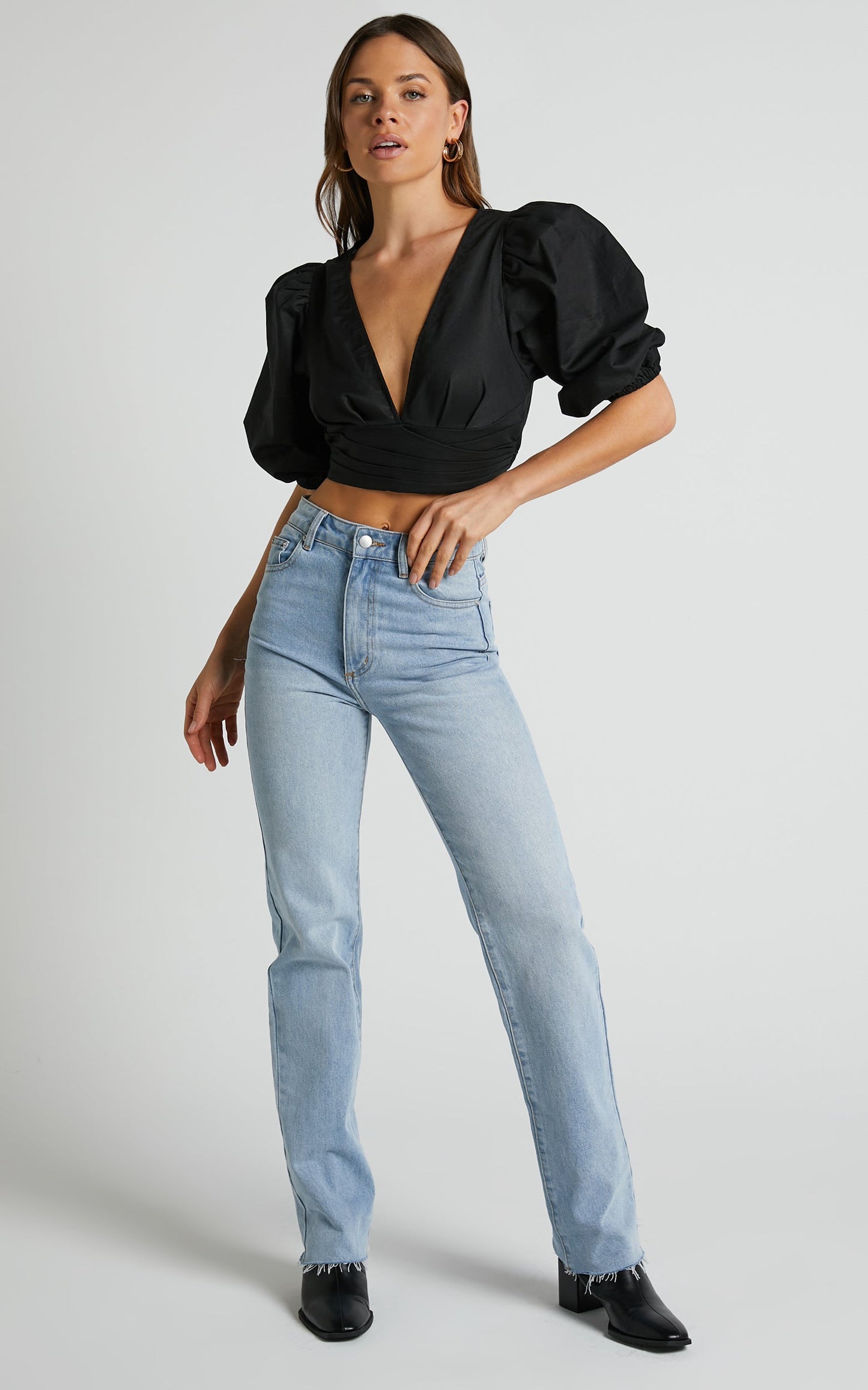 Amalie The Label - Dalya Linen Blend Puff Sleeve fixed Wrap Top in Black