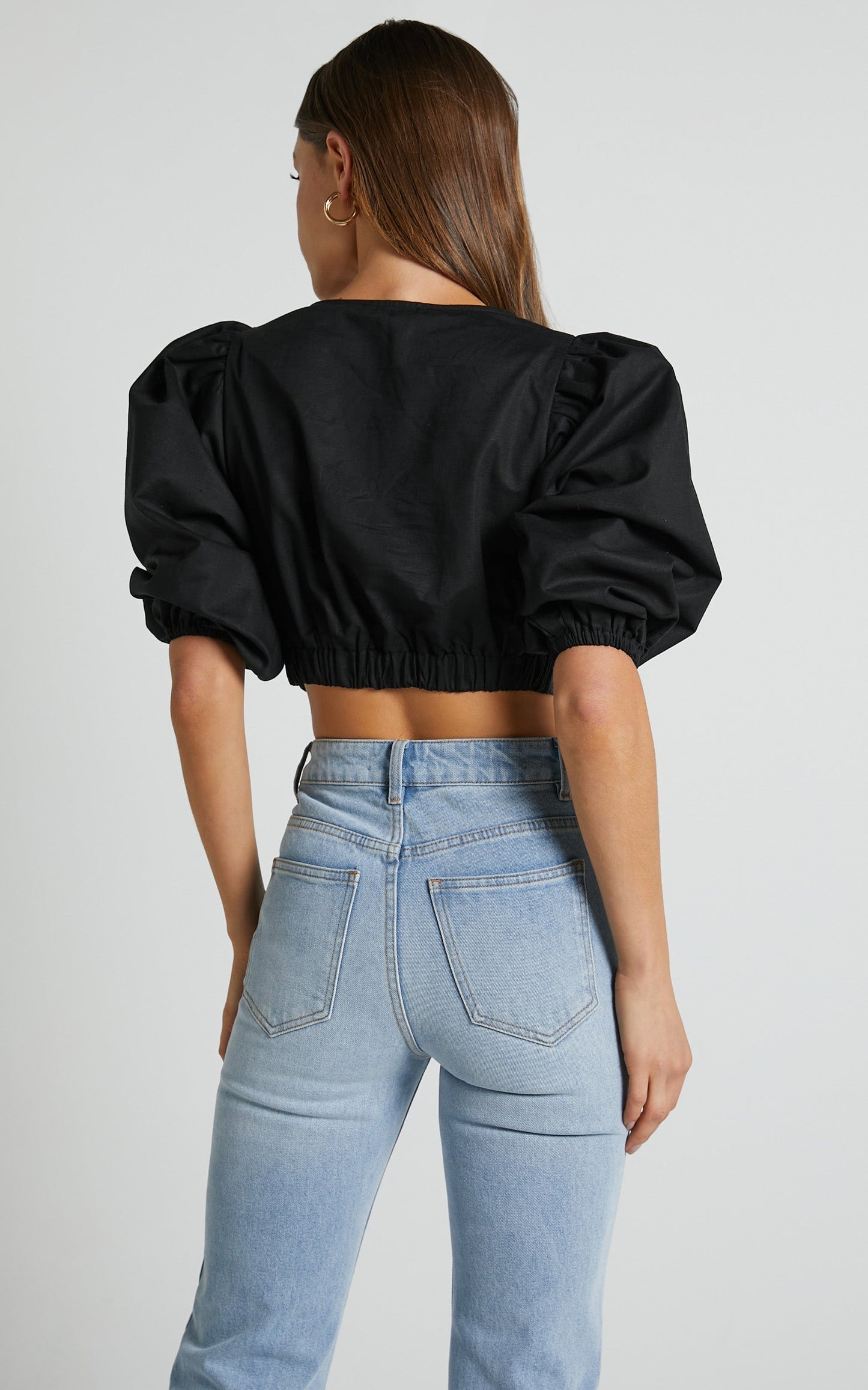 Amalie The Label - Dalya Linen Blend Puff Sleeve fixed Wrap Top in Black