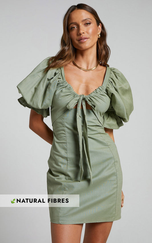 Amalie The Label - Dessie Linen Look Blend Tie Front Open Back Puff Sleeve Mini Dress in Khaki