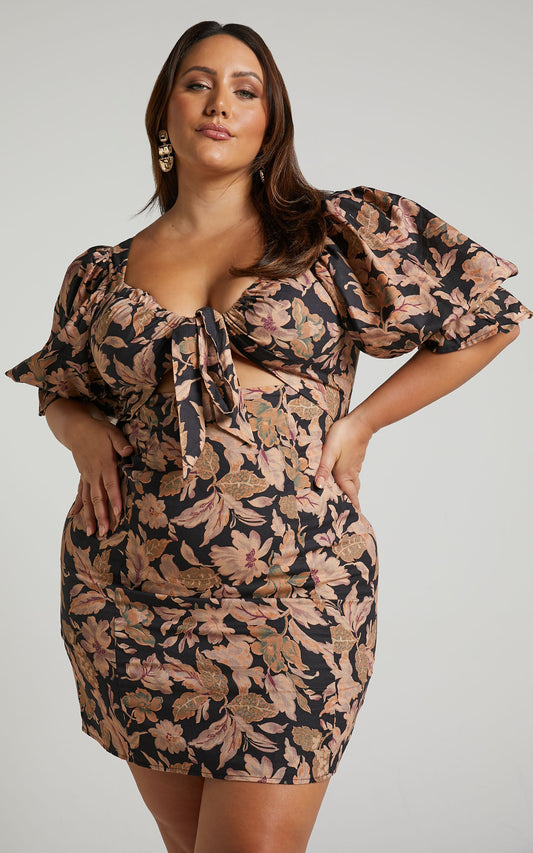 Amalie The Label - Dessie Linen Look Blend Tie Front Open Back Puff Sleeve Mini Dress in Kora Print