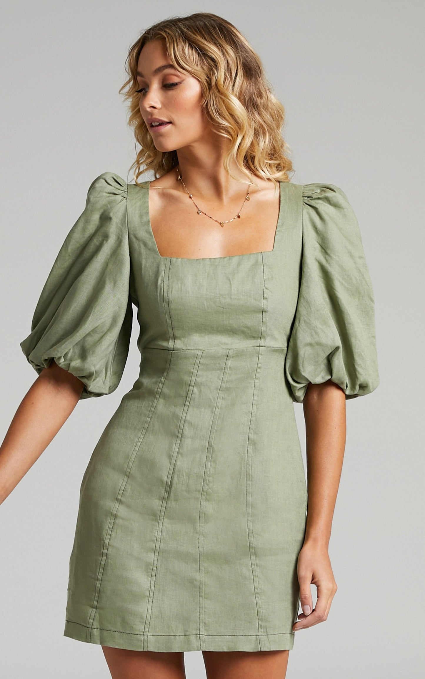 Amalie The Label - Edlynne Linen Square Neck Open Back Puff Sleeve Mini Linen Dress in Khaki